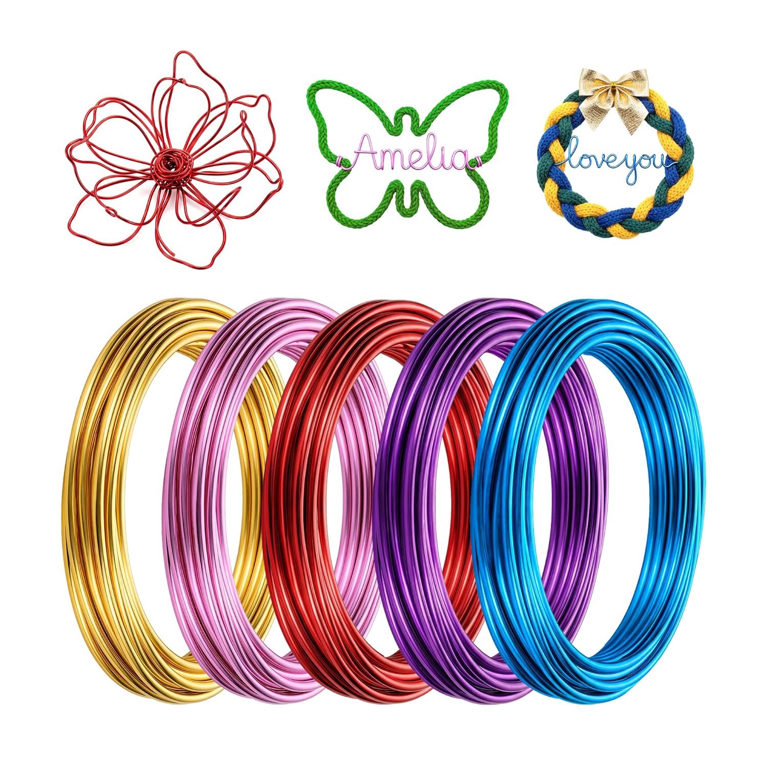 Caydo 5pcs 3mm*16.5ft Craft Wire, Bendable Strong Flexible Aluminum Armature Wire for Sculpting/Crafts/DIY Projects, Colorful Pink Purple Red Blue Gold