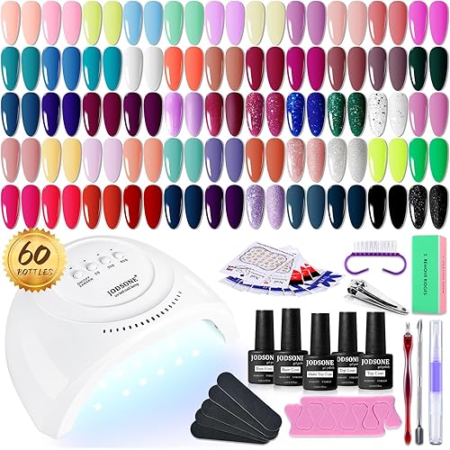 JODSONE Gel Nail Polish Kit 60 PCS with U V Light Soak off Base Top Coat 55 Shine Colors Gel Nail Kit Bright and Dark Brown Wine Red Series Manicure Set for Women and Girls