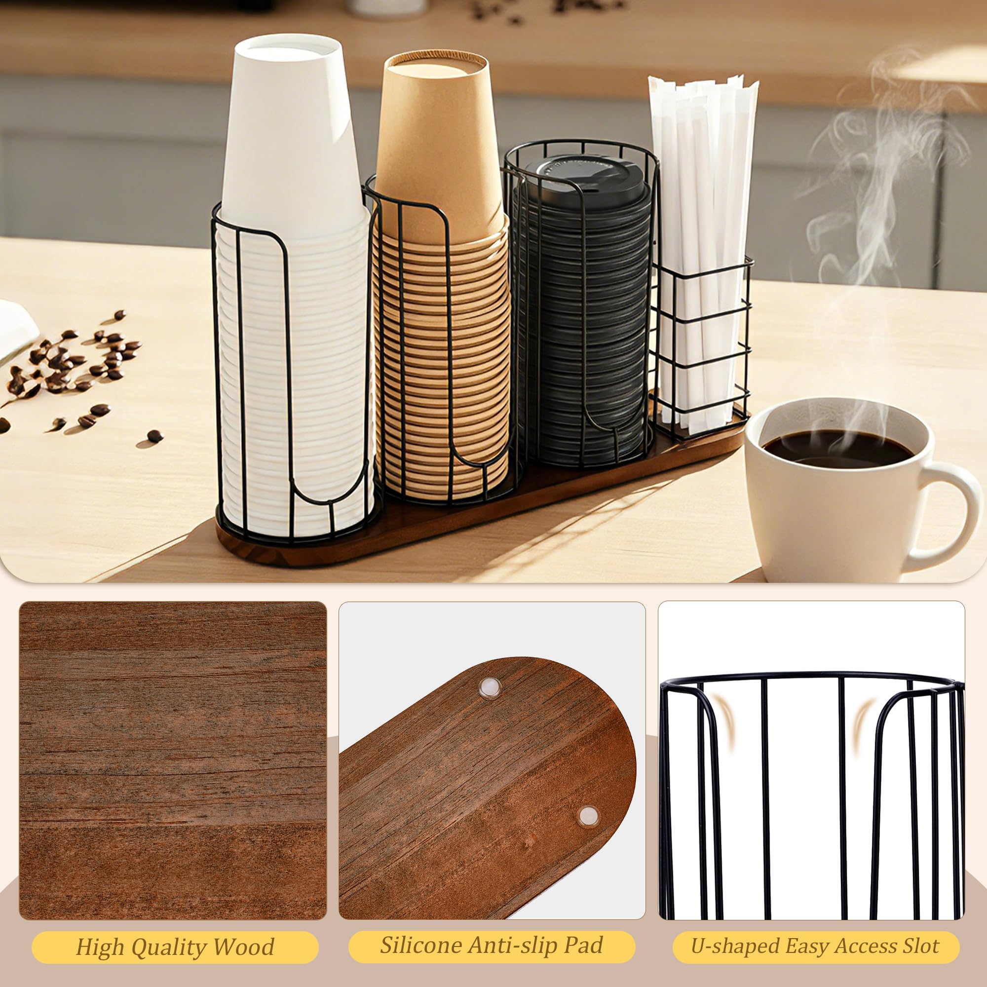 HOMIEE Soporte para Tazas y Tapa Organizador de Café Desechables Metal Dispensador Vasos Desechables de 4 Compartimentos para Café, Bar, Encimera, Sala de Descanso
