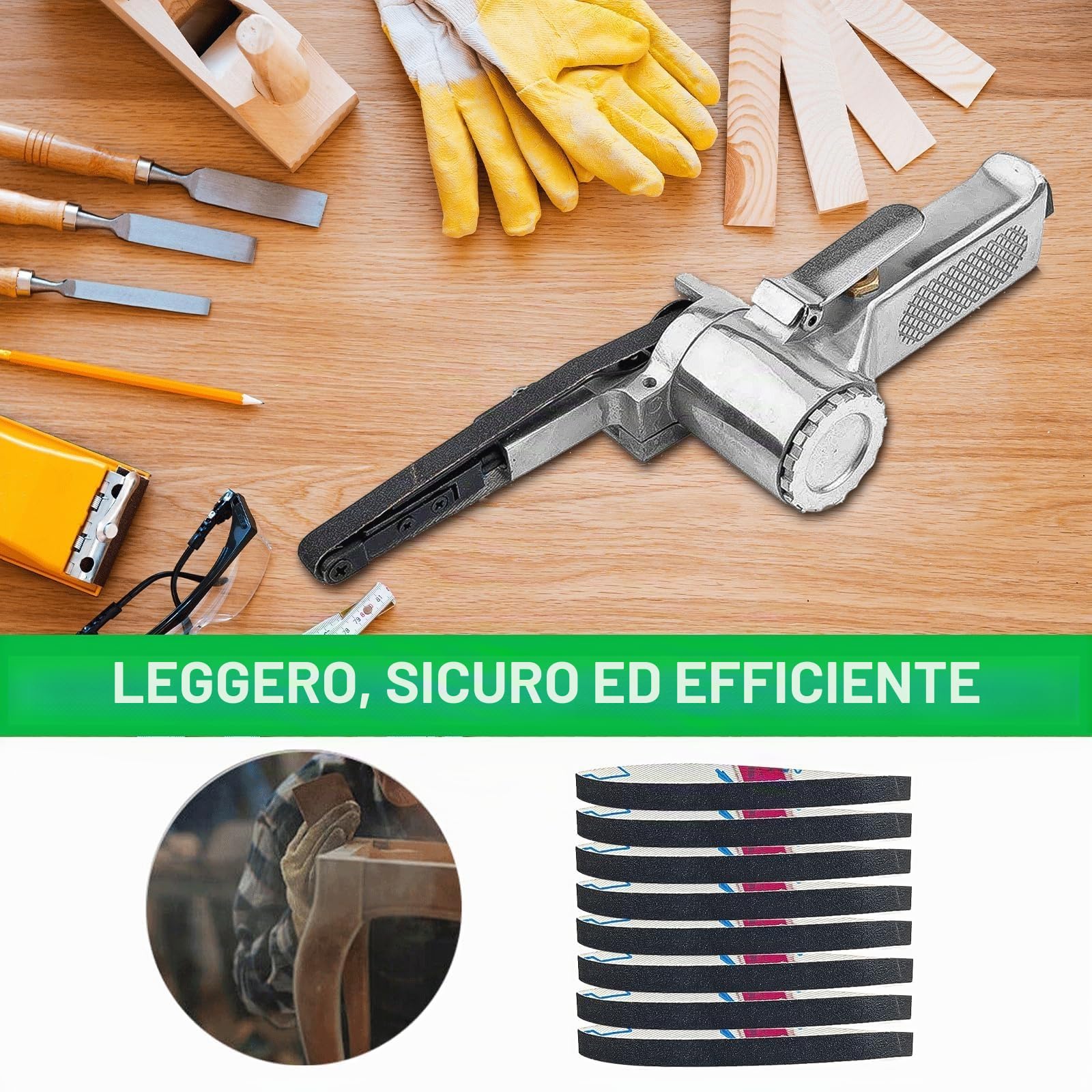 Levigatrice per Legno a Nastro per Impugnatura Girevole a 360°, Mini Smerigliatrice Pneumatica, Smerigliatrice Ad Aria Compressa, per Levigare, Affilare e Rimuovere la Ruggine