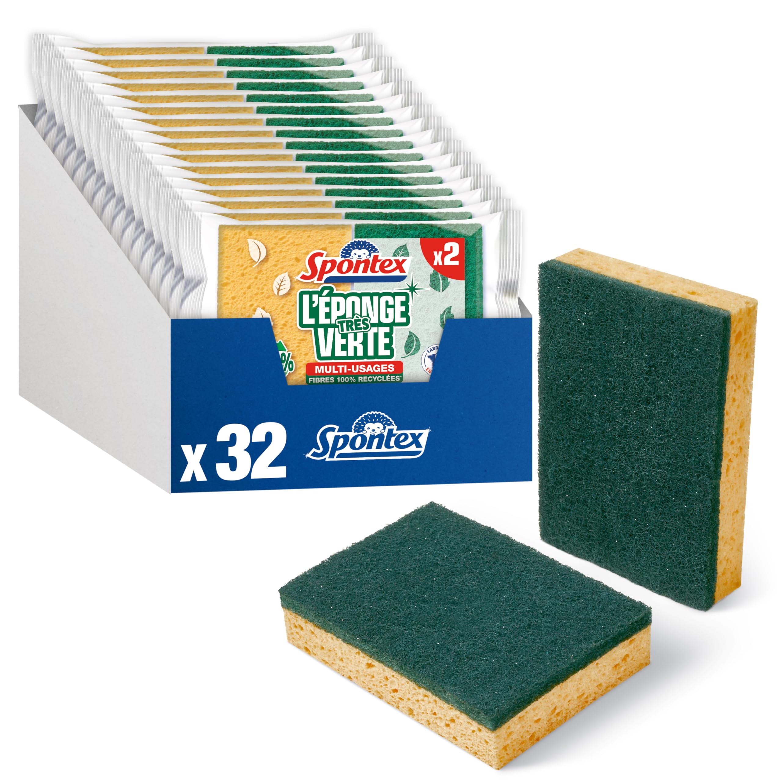 Spontex - sehr grüne Schwämme - 2 Schwämme aus recycelten Fasern - Effizient auf Mehreren Oberflächen, 19600443, Grün/Gelb, 17 x 2.5 x 9.8