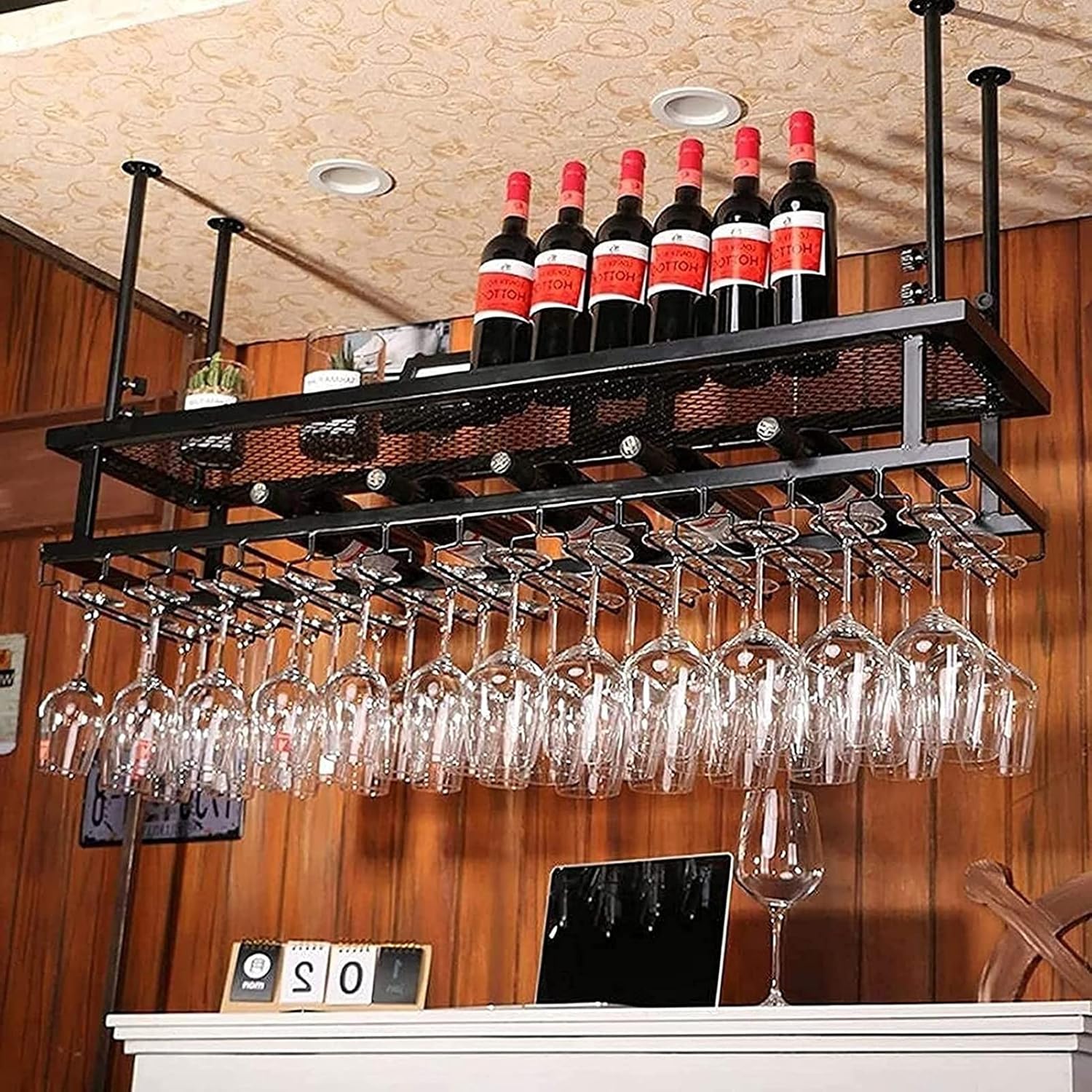 Hanging Wine Shelf With Glass Holder, Adjustable Metal Ceiling Bar Wine Glass Rack, Industrial