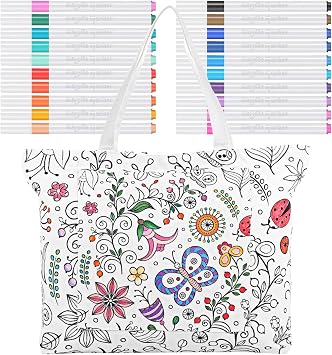 Mindsoft Color Your Own Tote Bag for Adults Craft Kits with 24 Acrylic Markers Colour Makeup Bag DIY Painting Art Kit for Women, 17.7 x 13.3 x 3.9 Inches Wildflower