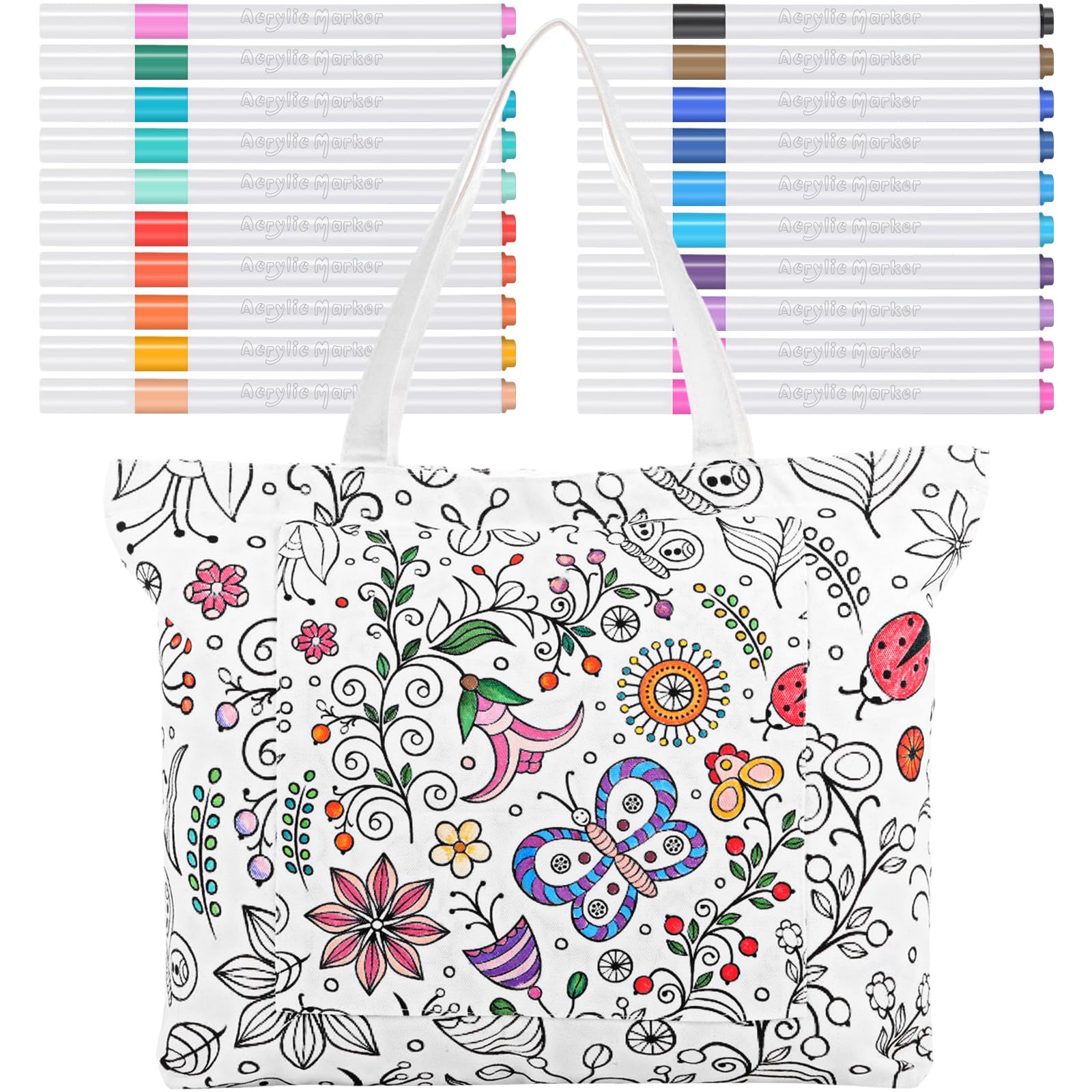 Mindsoft Colorea tu propia bolsa de mano para adultos, kits de manualidades con 24 marcadores acrílicos de colores con patrones de flores silvestres, kit de arte de pintura para mujeres, 17.7 x 13.3 x