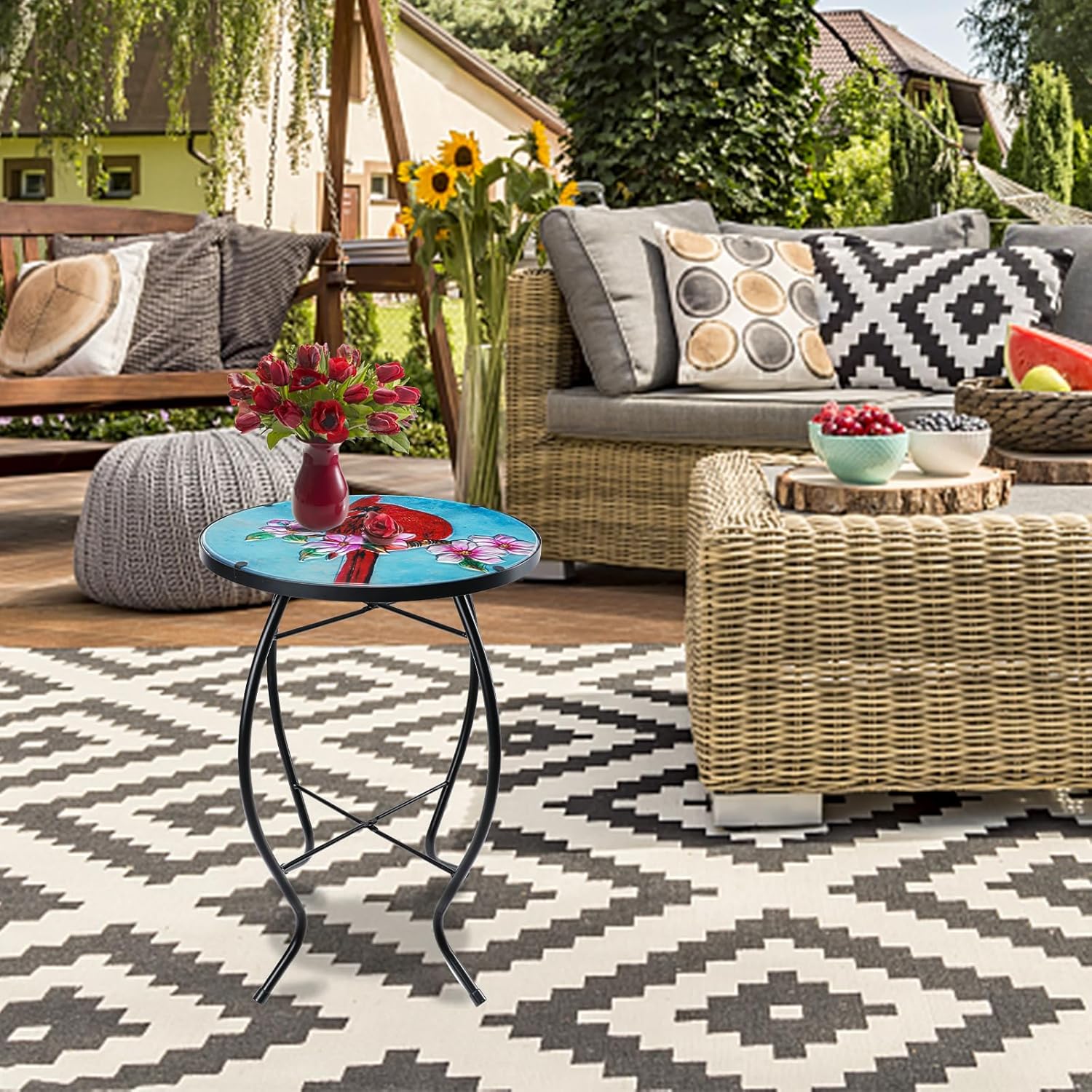 MUMTOP Side Patio Tables-Mosaic Outdoor Side Table - 14’’ Cardinal Glass Accent Round EndTable, Plant Stand Indoor Small CoffeeTable for Garden or Living Room Decor