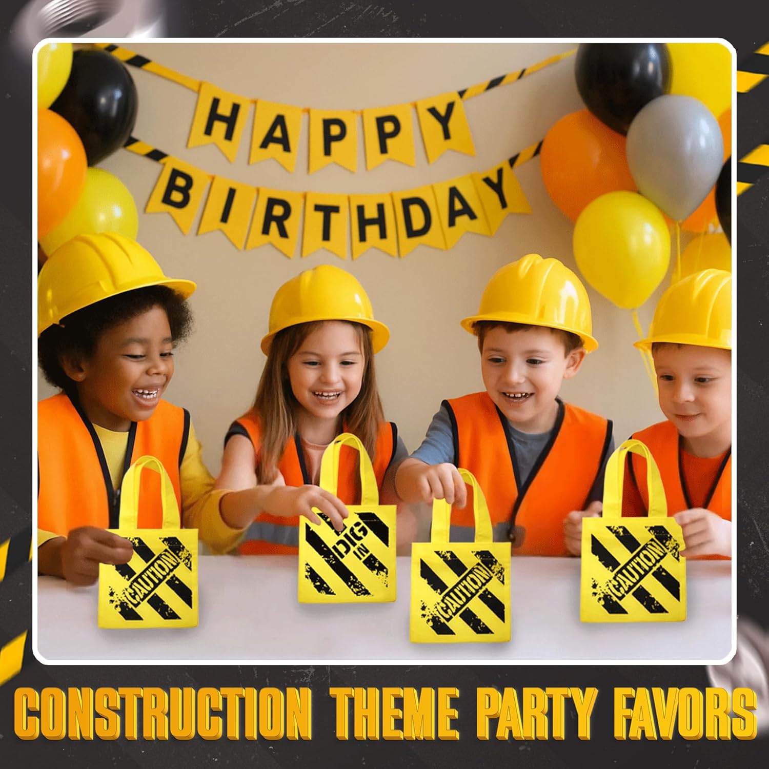 Bedwina Construction Themed Party Supplies - (24 Pack) Construction Party Favors Hat & Mini Tote Bag Supplies - (12) Yellow Construction Hats for Kids & (12) Construction Goodie Bags