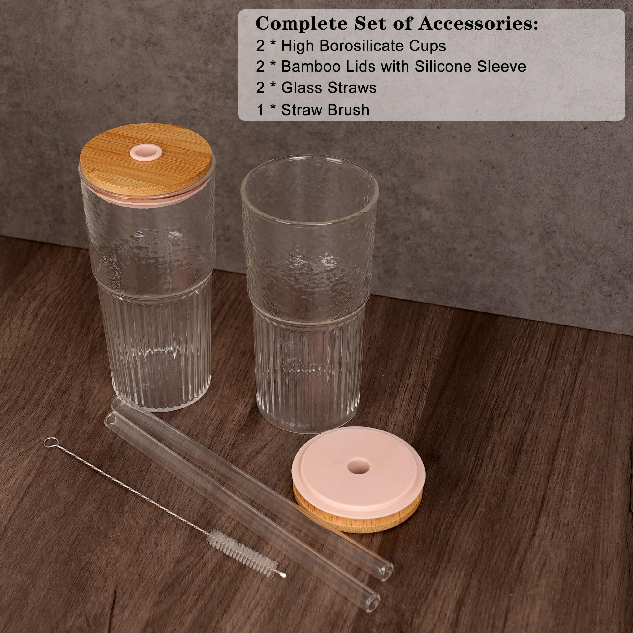 ANOTION Tasses en verre – Tasses à café glacé de 650 ml – Tasse à café glacé réutilisable – Gobelet à smoothie – Verres à eau nervurés – Pour le travail à la maison – Tasse à café de voyage – Ensemble