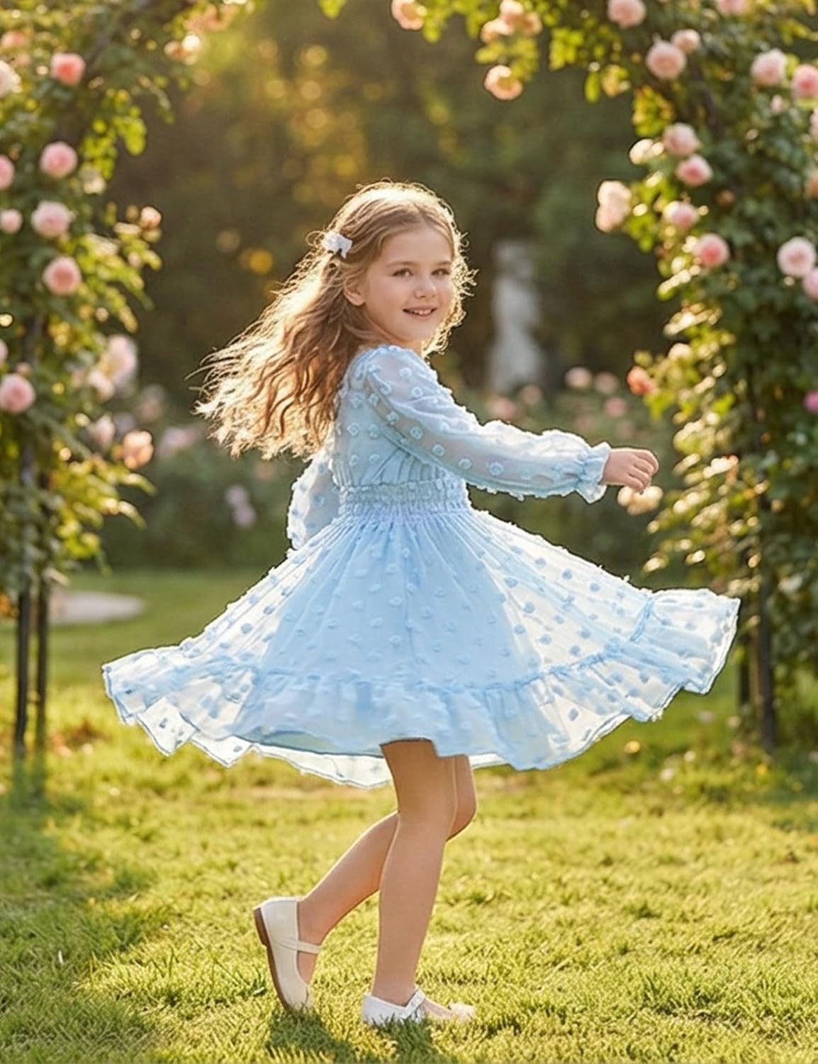 Arshiner Girls Dresses Long Sleeve Square Neck Swiss Dot Flowy Casual Party Dress - Image 8