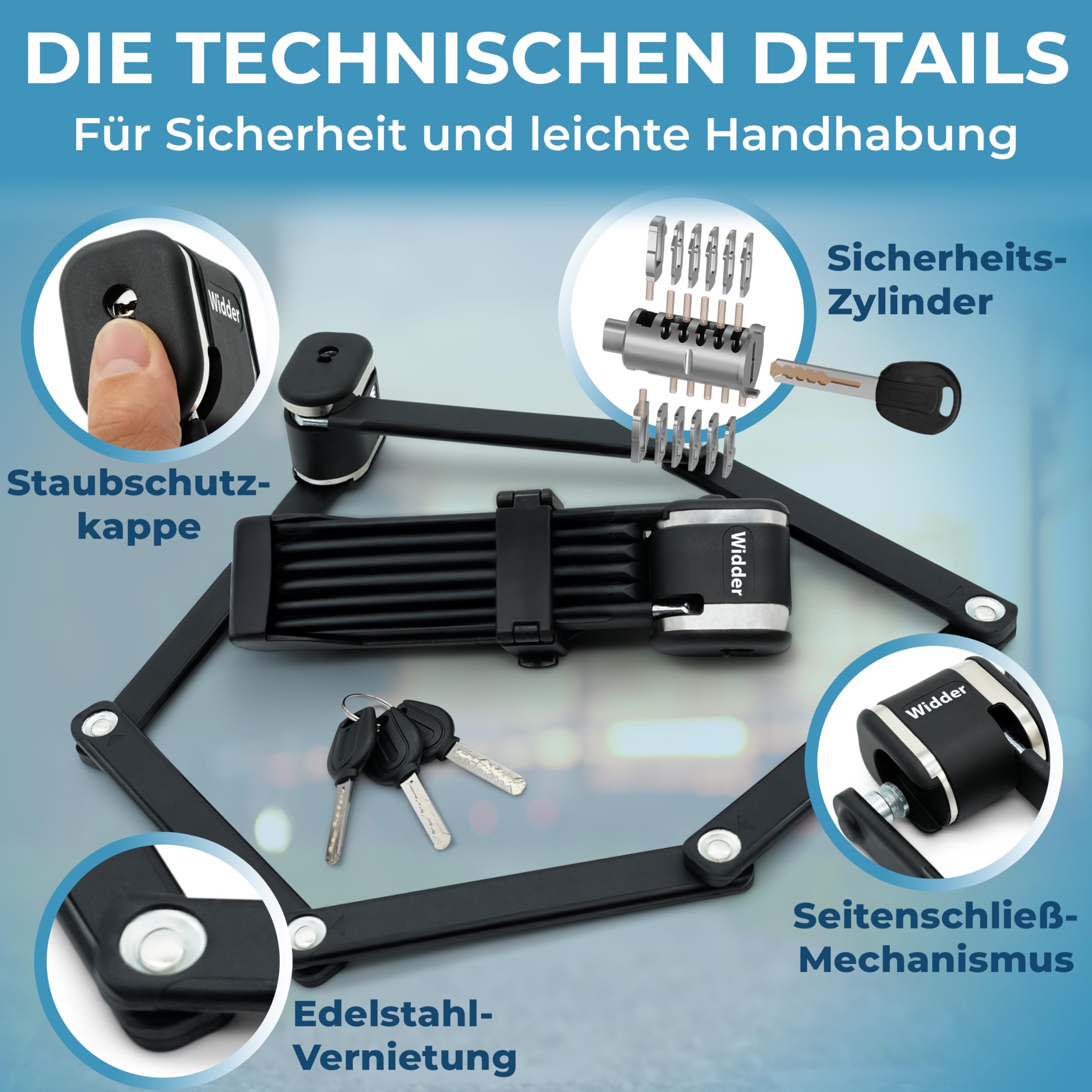 Widder Extrem sicheres Faltschloss Fahrrad [Titan-Stahl Level 15] - Fahrradschloss hohe Sicherheit 99cm lang mit Schlüssel [3x] & Halterung - Gliederschloss als E Bike Lock Scooter Schloss & Fahrrad