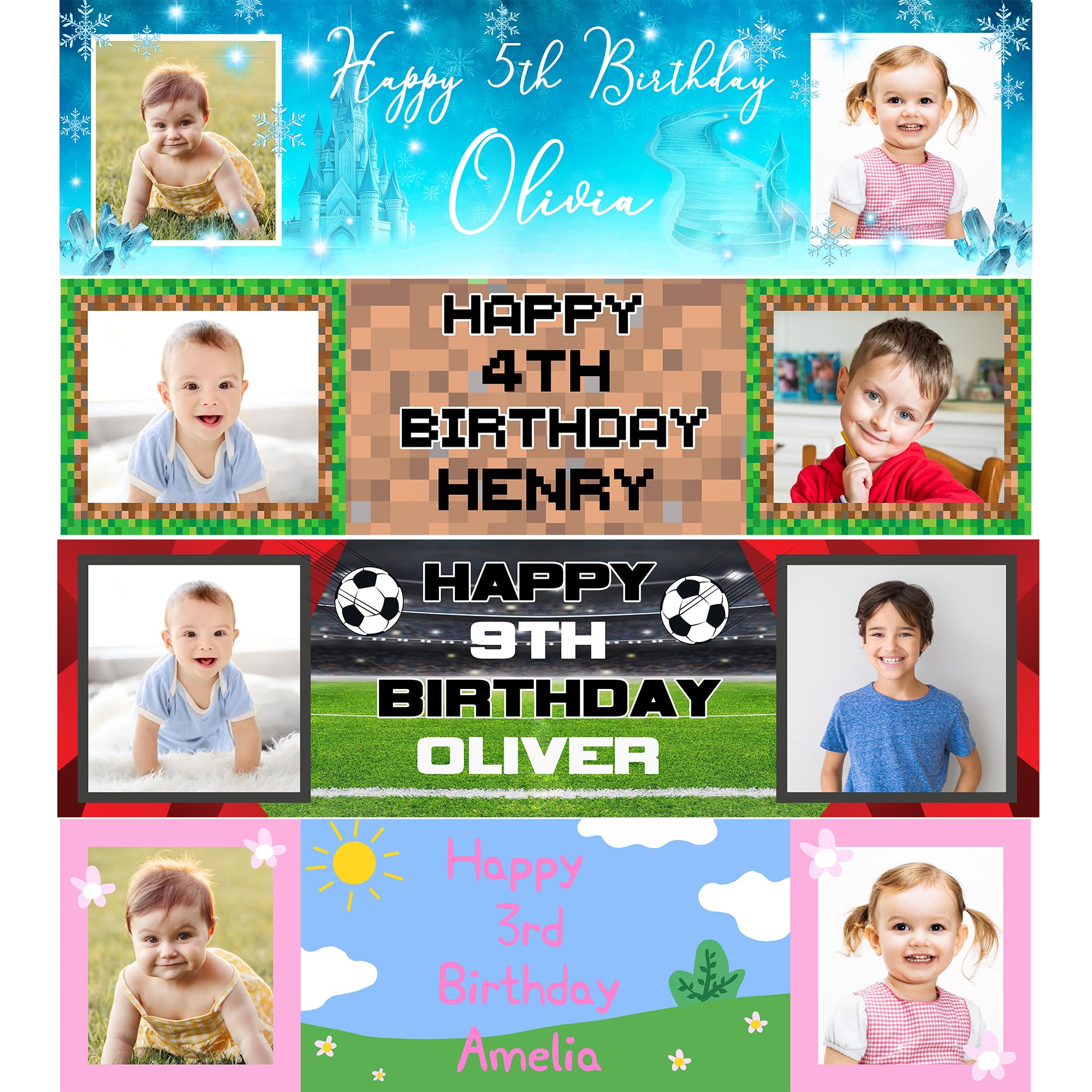 Personalised Party Banner with Photos – Custom Decoration for Kids – 140 x 35 cm Happy Birthday Sign for Girls and Boys - Winter
