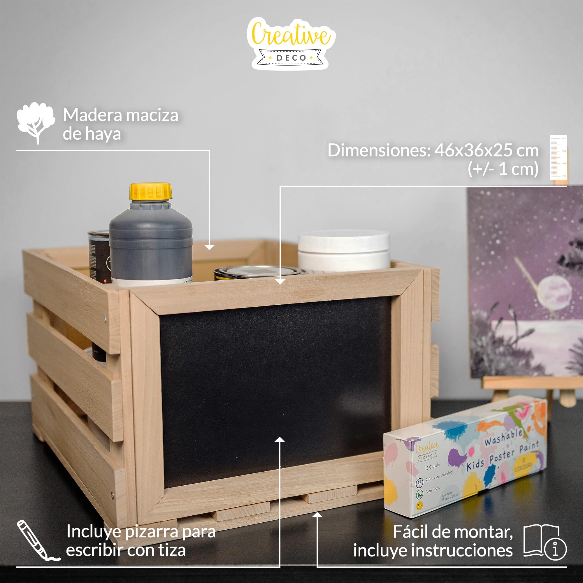 Creative DECO Caja de Madera para Discos de Vinilo con Pizarra | 80 discos | 46x36x25cm (+/-1cm) | Mueble Soporte Cajón Porta Vinilos | Madera de Haya | Cesta para Frutas, Verduras, Vino, Juguetes
