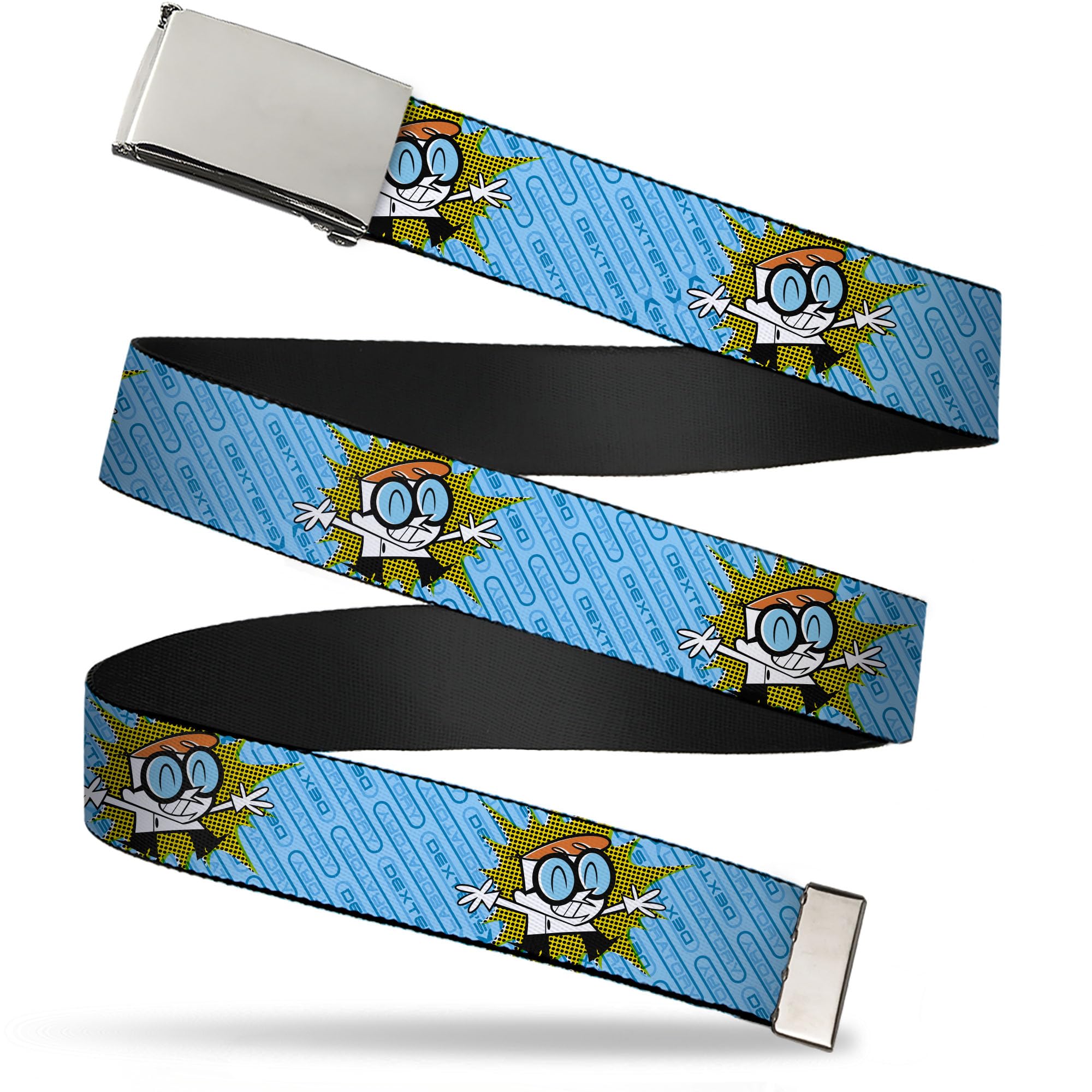 Buckle-Down Dexter's Laboratory Flip Web Belt Dexters Lab Dexter Arms Up and Text Blues
