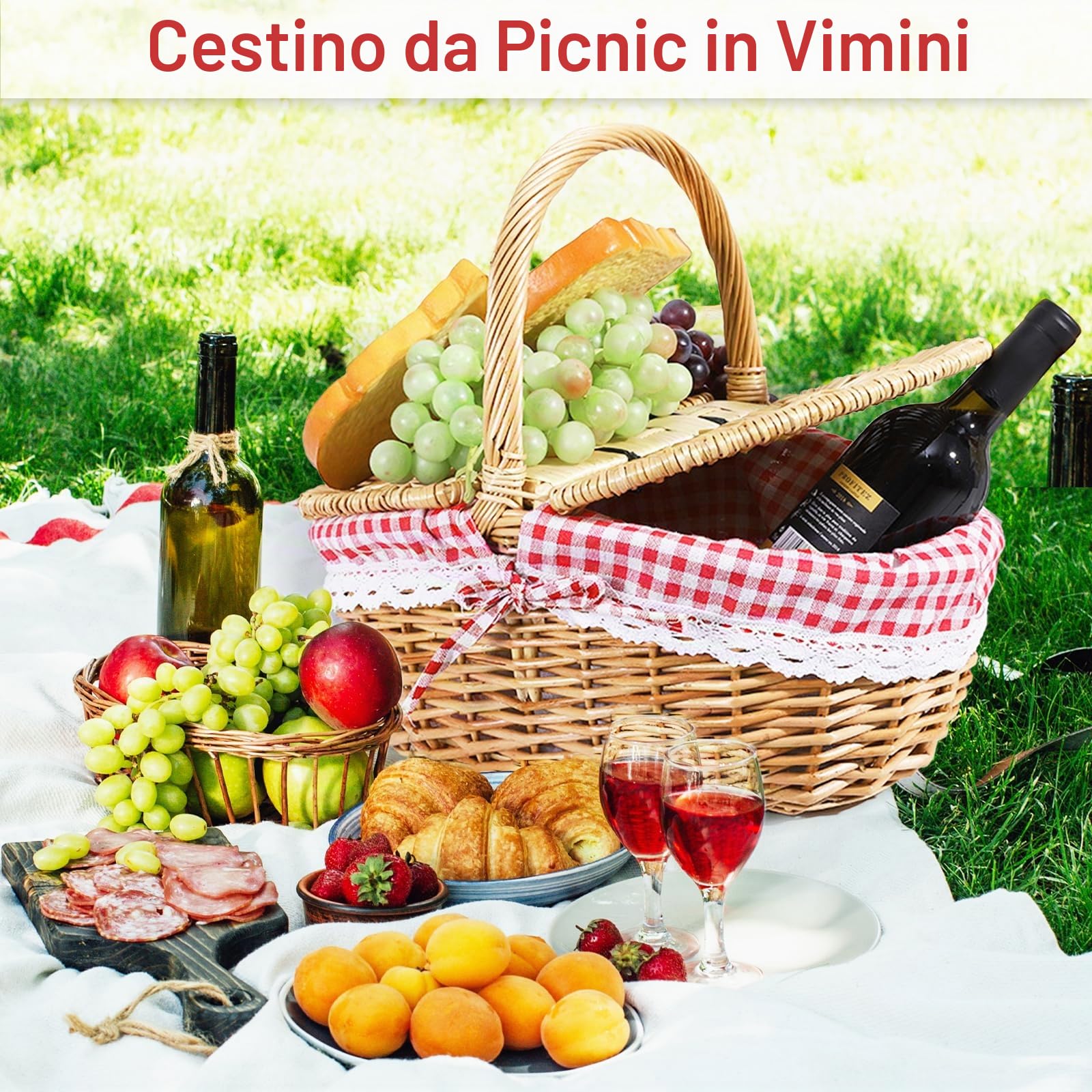 Cestino da Picnic in Vimini con Coperchio e Manico, Cestino in Vimini Intrecciato Pratico Cestino Ovale in Rattan per Picnic e Shopping