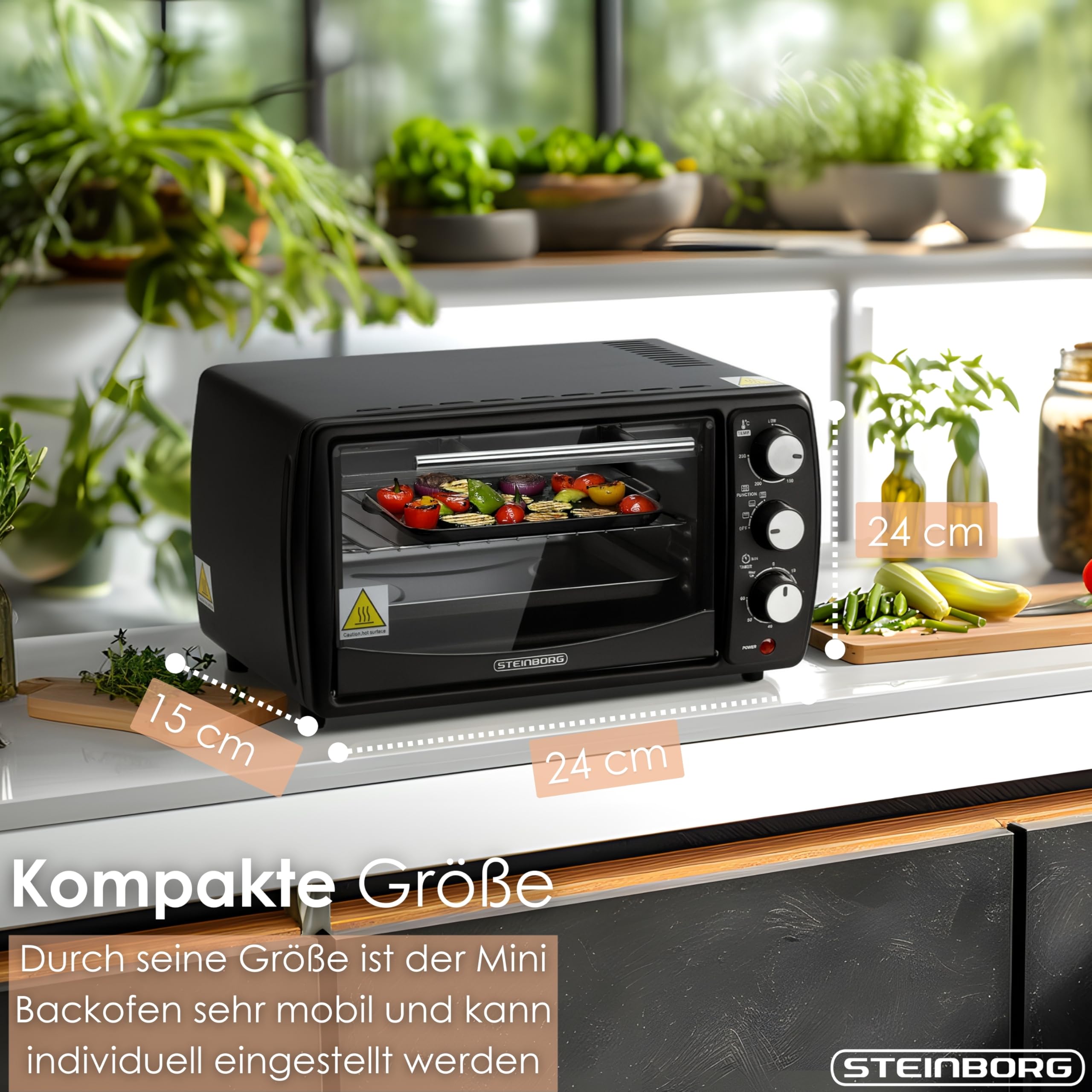 Steinborg Mini Backofen 13 Liter | Pizzaofen | 60°-250°C | Timer | aufklappbares Krümelblech | Minibackofen | Backofen | Kleiner Backofen | 900 Watt