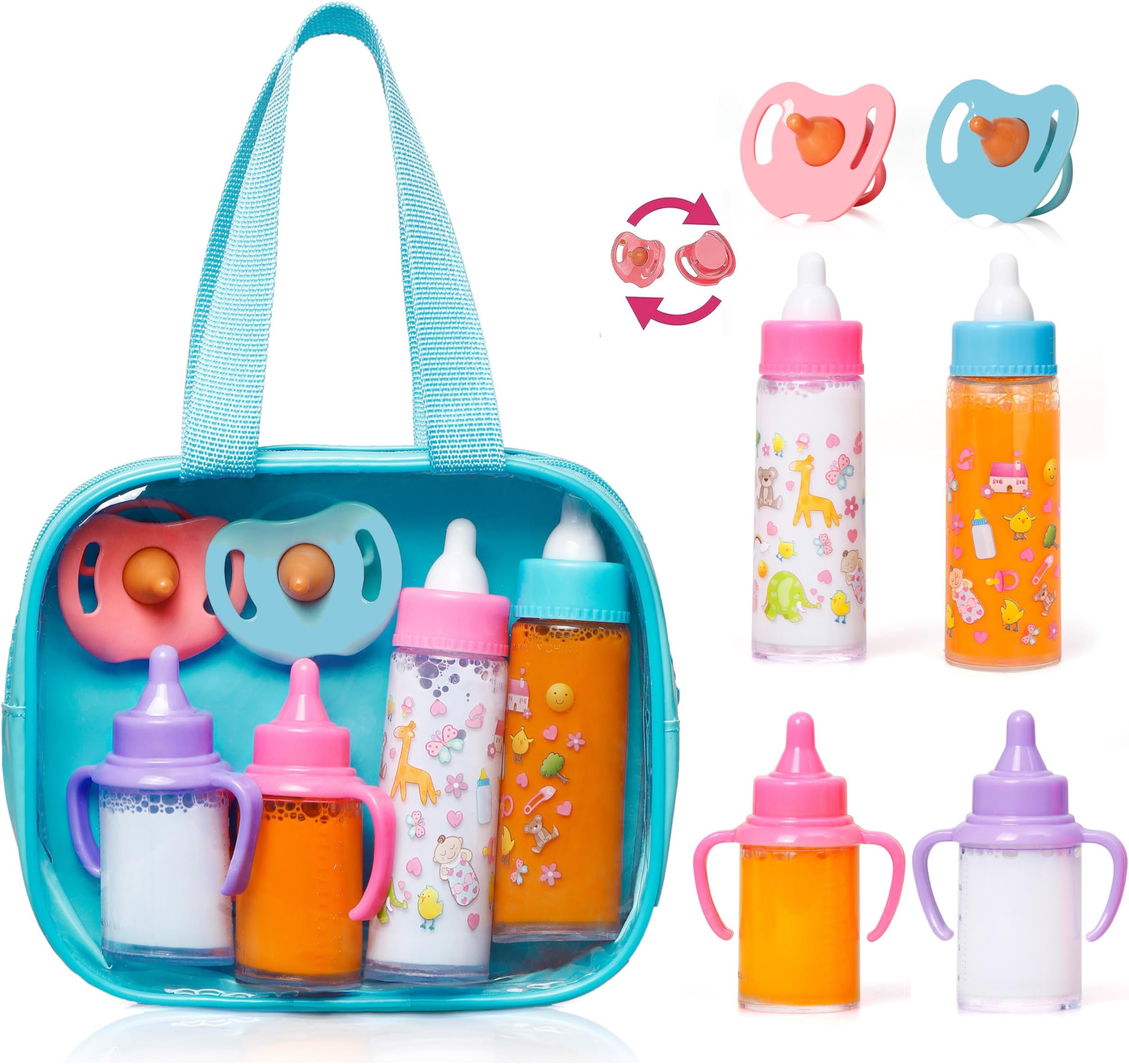 fash n kolor My Sweet Baby Disappearing Doll Feeding Set, Baby Care 6 Piece Doll Feeding Set - for Toy Stroller | 2 Milk & Juice Bottles with 2 Toy Pacifier for Baby Dolls (Blue)