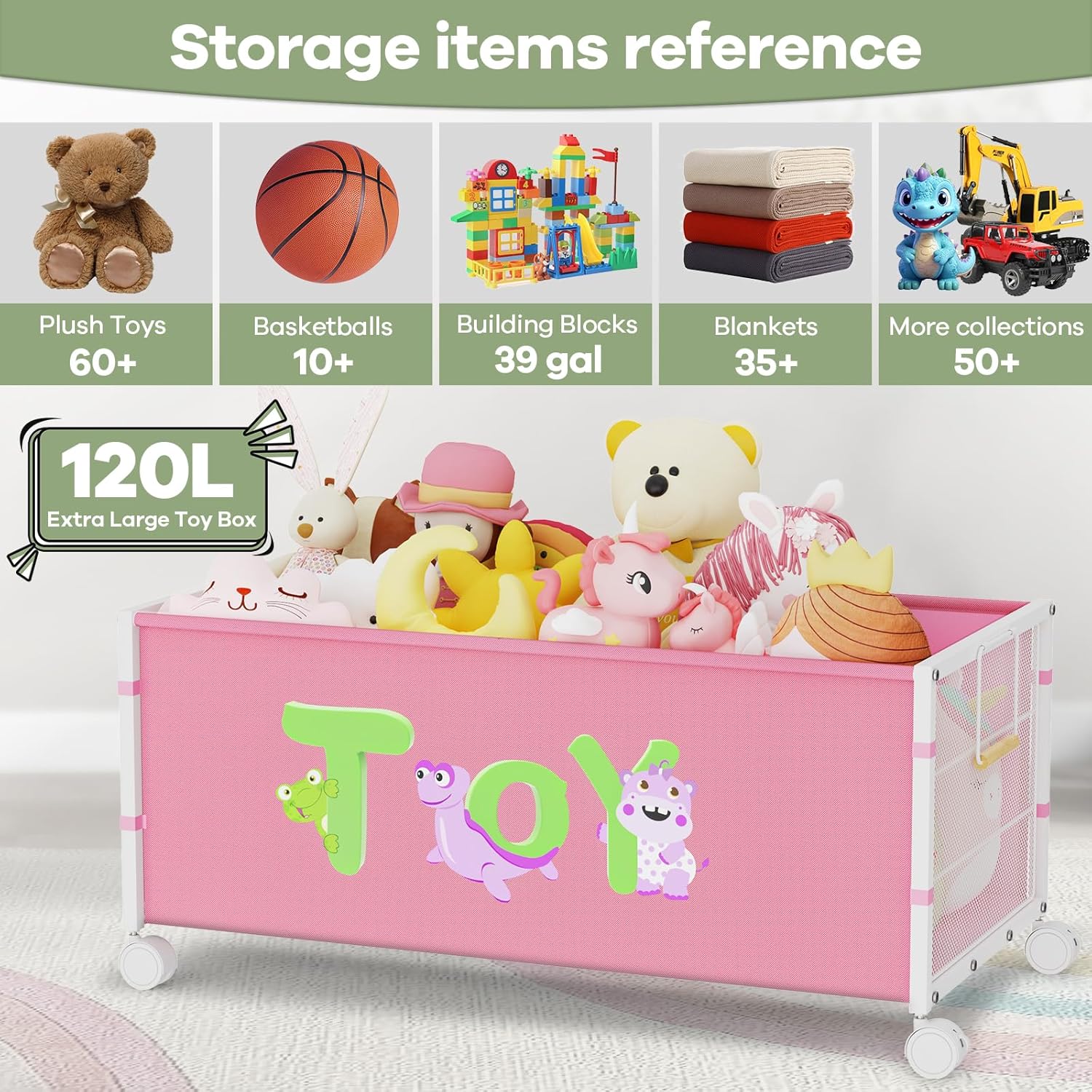 180L+120L Extra Large Toy Box with Wheels for Kids, Metal & Oxford Cloth Toy Storage Organizer with Handle, Toy Storage Bins for Girls, Boys, Living Room Area, Bedroom, Nursery, Playroom