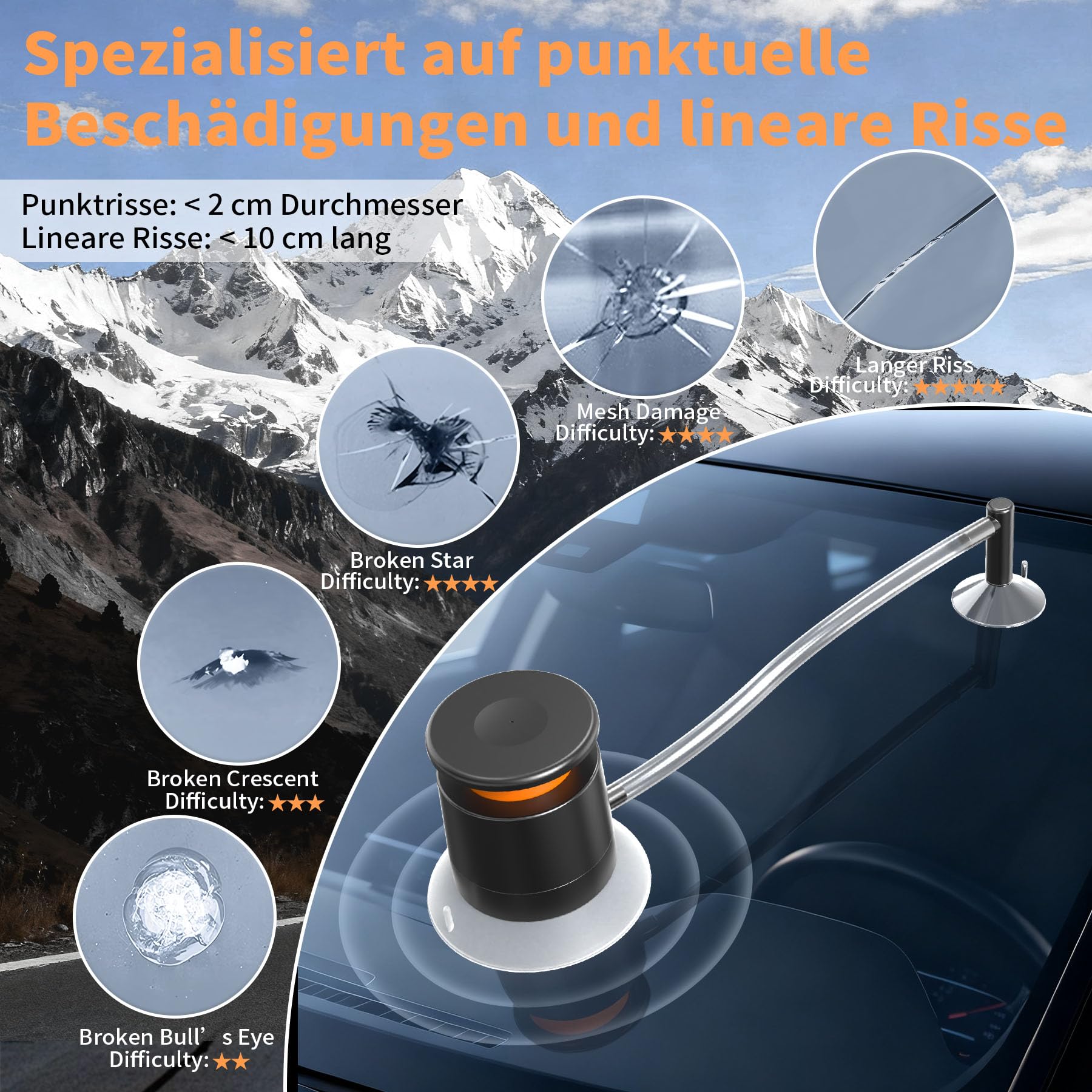 Kit Riparazione Parabrezza Universale, Kit Riparazione Vetro Auto con Pompa a Vuoto, per Riparazioni di Chip e Crepe, a Forma di Stella, Set di Riparazione in Vetro Veloce e Semplice