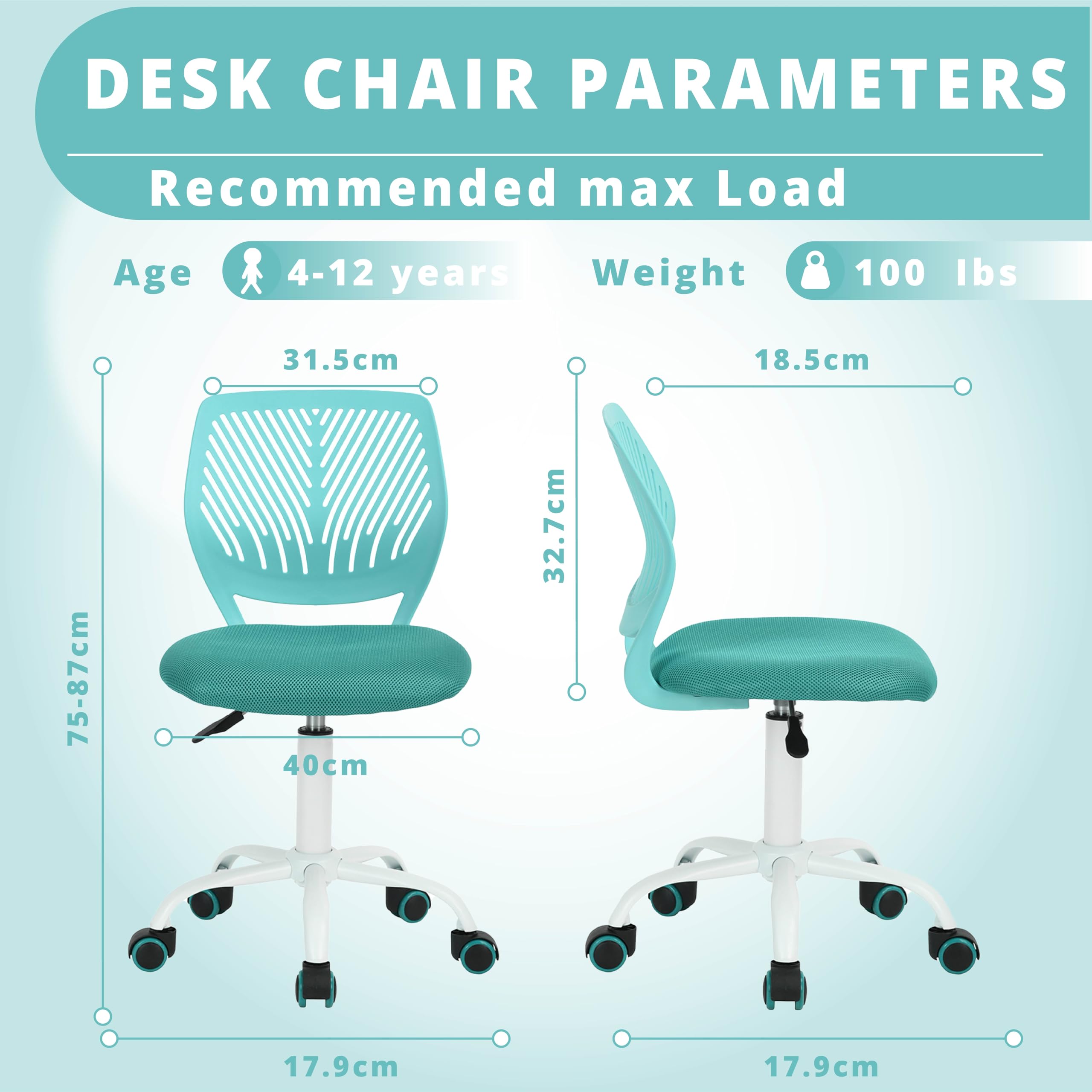 FurnitureR Colourful Chair, Seggiolino per computer Moderno e Regolabile, Sedia da Lavoro Girevole senza Bracciolo, Sala di Studio per Bambini, Sedia da Ufficio a Casa Sedia da Lavoro, Turchese