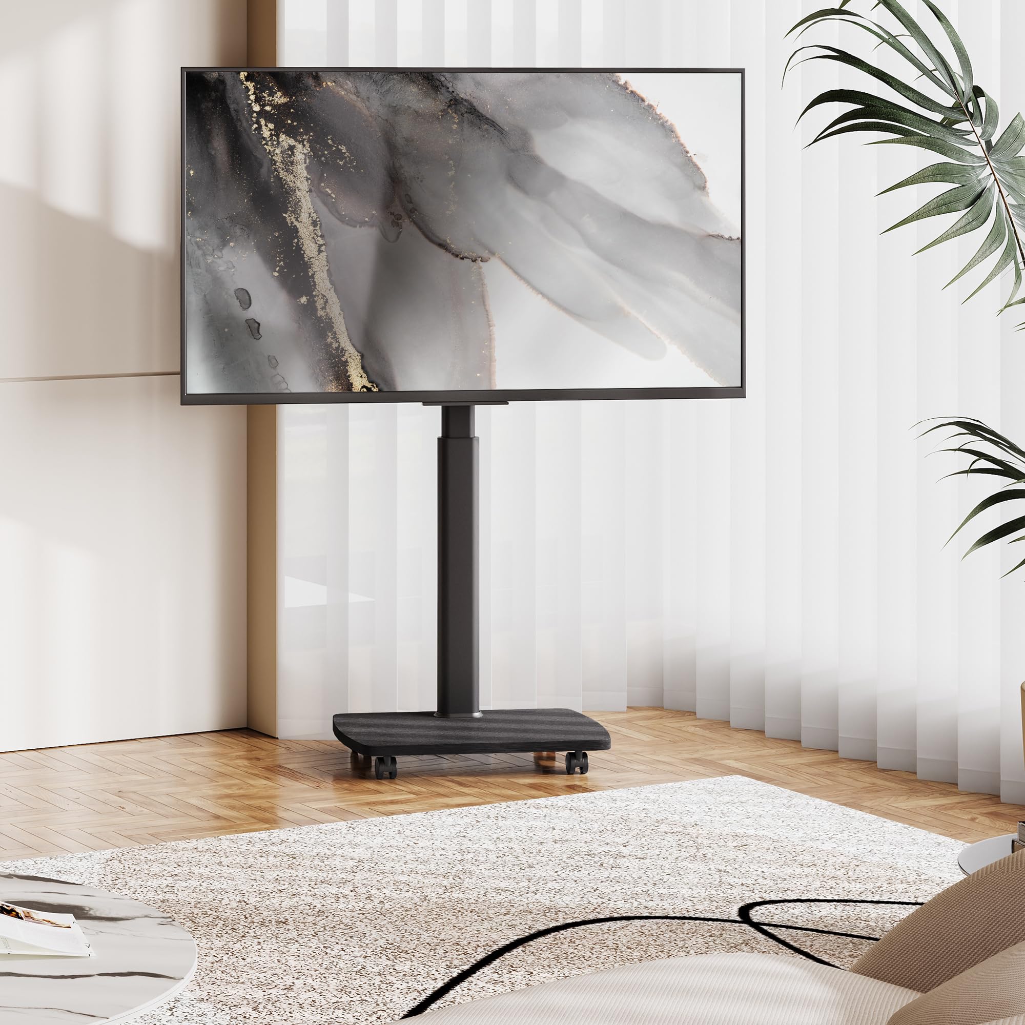 AOKCOS Carrello Porta TV con Ruote per 32-65 Pollici, Orizzontale e Verticale Supporto TV da Pavimento con Base in Legno, Inclinabile e Regolabile in Altezza, Max VESA 400x400mm 30kg (Nero)