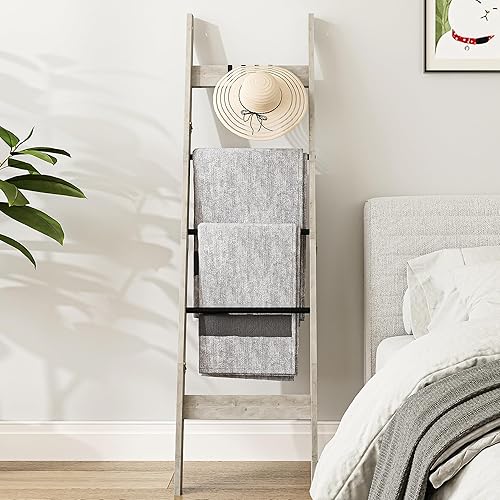 Blanket Ladder for Living Room, Decorative Quilt Rack with 4 Removable Hooks, 5-Tier Farmhouse Ladder Holder Shelf Organizer for Bedroom, Greige and Black BR02105B
