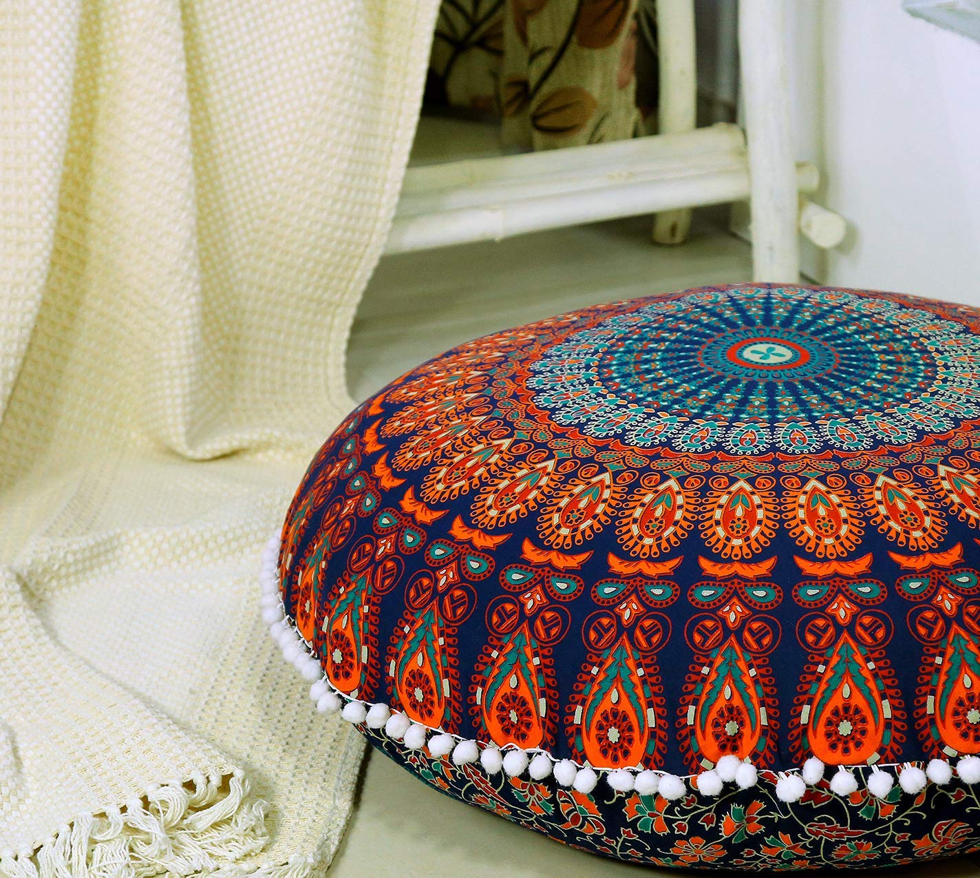 Popular Handicrafts Floor Pillow Cushion Cover - Hippie Mandala Cushion Cover Large with Pom Poms Soft Particles - Pouf Cover Round Bohemian Yoga Decor, 22" Maroon Yellow โ image 1