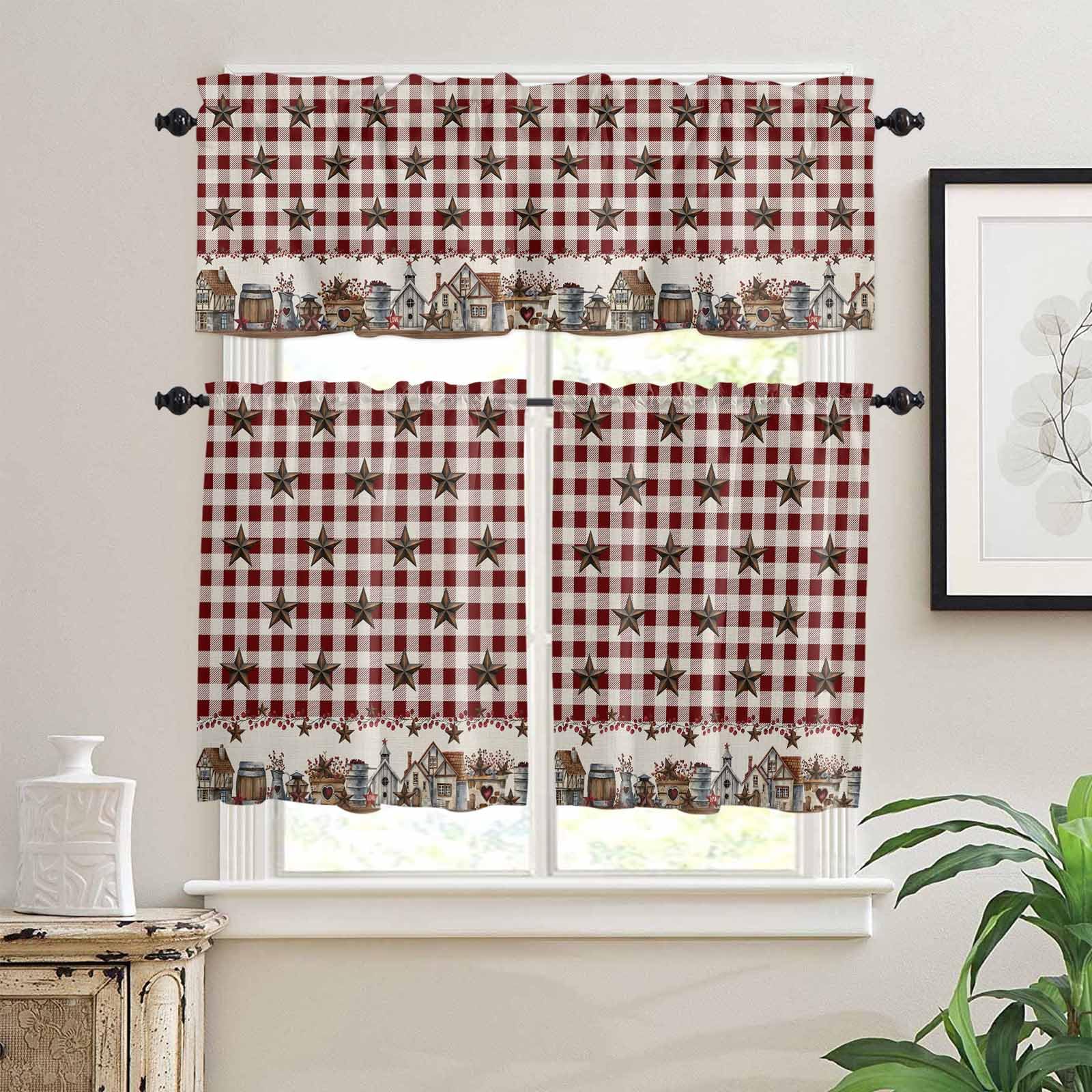 Farm Red Kitchen Curtains 24 Inch Length, 3 Piece Rod Pocket Small Half Tiers and Valance Set, Brown Western Texas Star Red Plaid Country Small Large Window Treatment Decor for Bedroom/Bathroom Sink