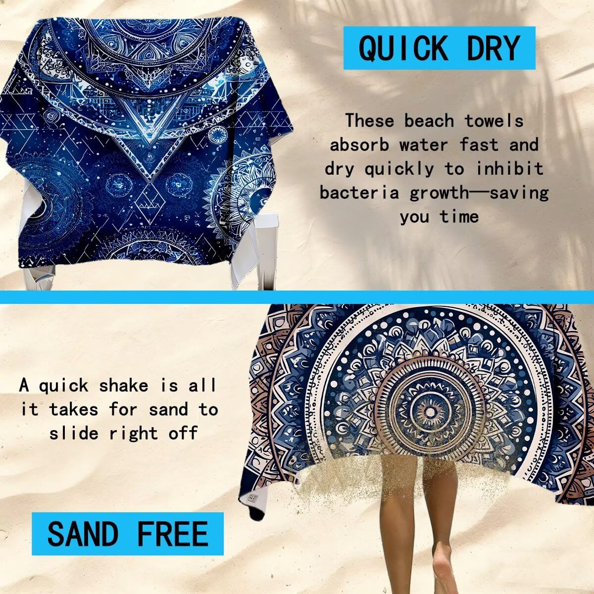 Serviette de Plage Microfibre, Serviette de Bain Grande Taille 90x180cm, Lot de 2 Séchage Rapide Drap de Bain Mandala, Anti Sable Serviettes de Plage Microfibre pour Voyages Sport, Cadeau Femme -3664