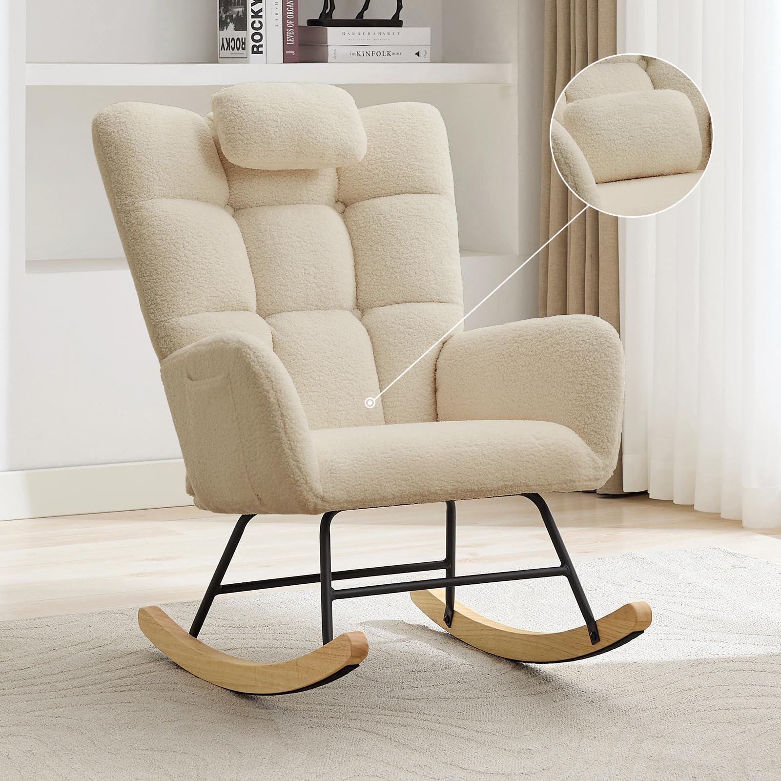 GarveeHome Schaukelstuhl mit Kopfstütze, Teddy-Fleece, Beige
