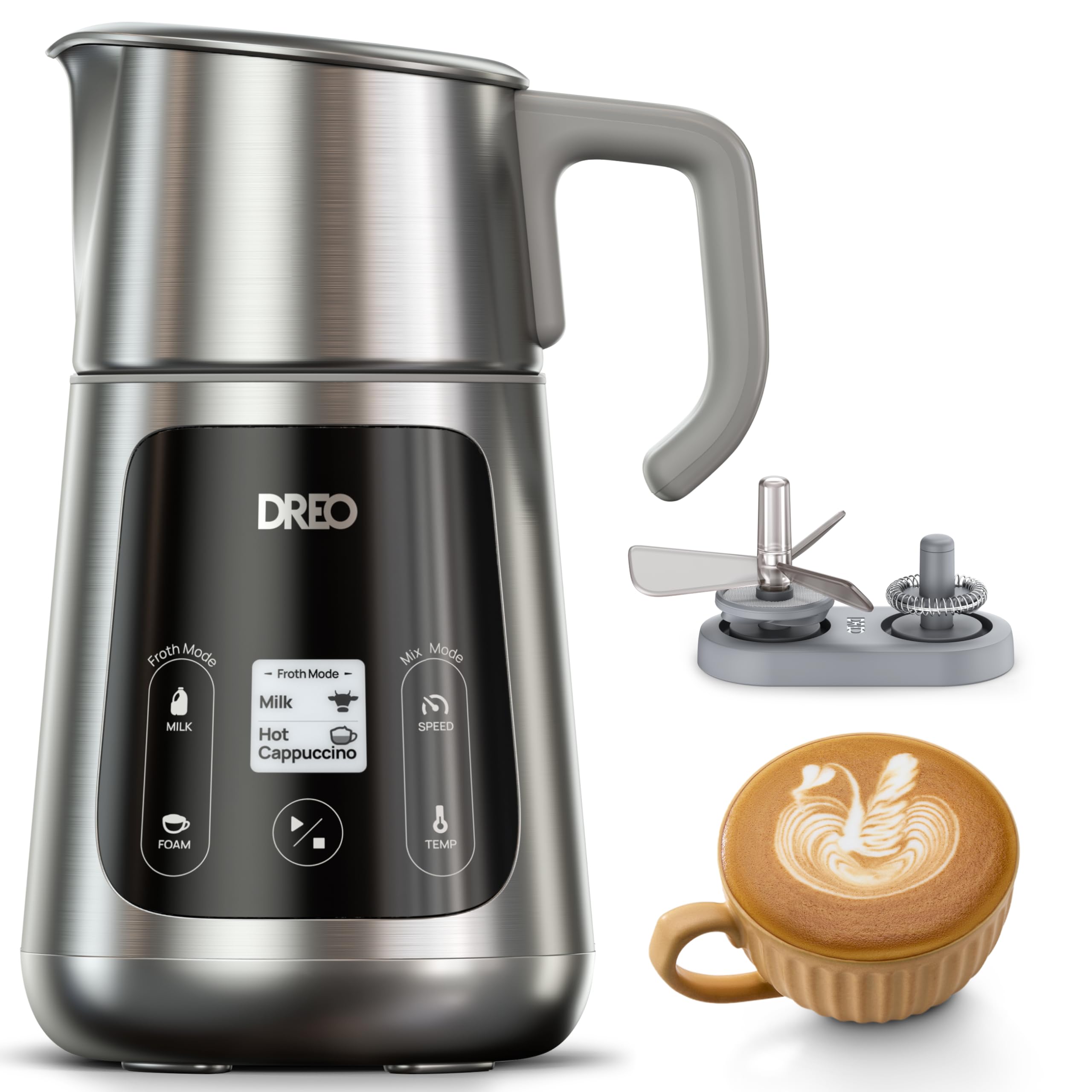 Dreo All-in-1 BaristaMaker Milk Frother, Electric Foam Frother for Latte Art Microfoam and Coffee, 15oz/450ml Automatic Milk Warmer with 30 Drinks, Dishwasher Safe, Dairy/Plant-Based Milk