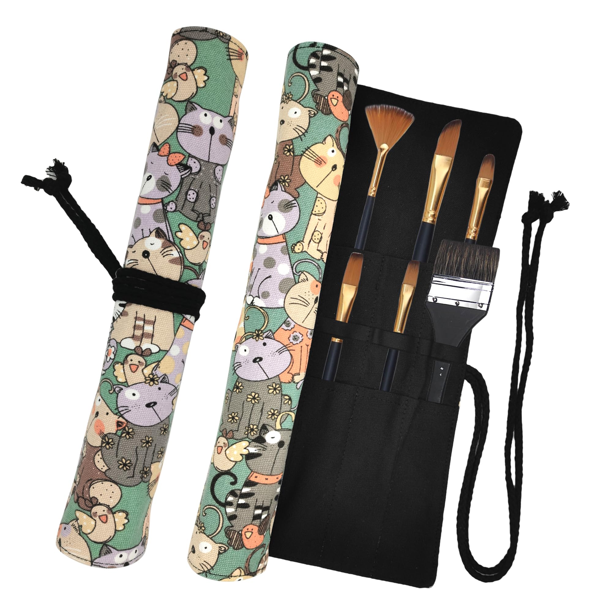 Funny live Paint Brush Holder Art Supplies, Artist Brush Holder &amp; Art Supply Storage Organizer Roll-Up Case Bag, Protect Acrylic Oil Watercolor Paintbrushes (Cuddly Cat-20 Slot Pockets)