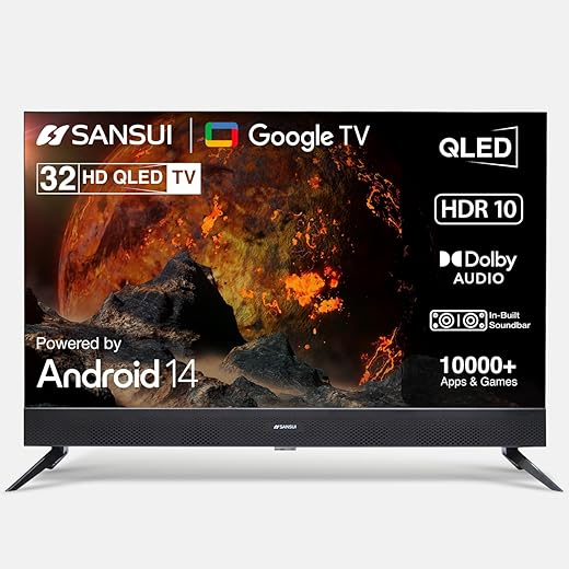 SANSUI 80 cm (32 inches) Smart Google TV 5.0(OS Ver. Android 14) |HDR10,HLG|Built in Sound Bar|Filmmaker Mode| QLED TV| JSS32GSQLED (Black)