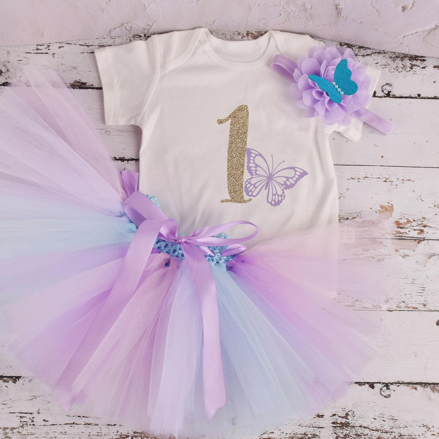 Baby Girls 1st Birthday Outfit 3PCS Set - Butterfly Tutu Dress + Fluffy Skirt + Headband for Cake Smash Photo Shoot