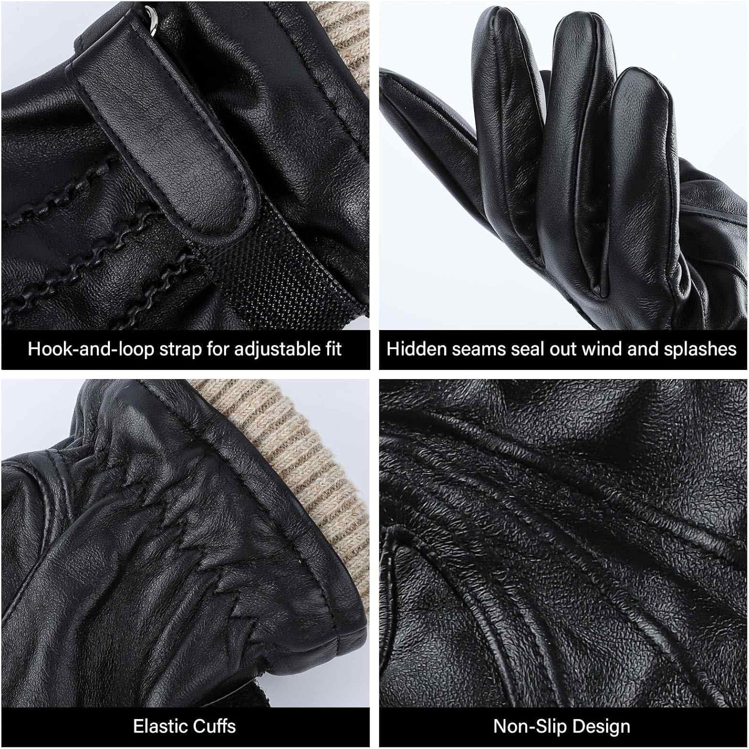 Mens Winter Gloves: Touchscreen Wool Lined Thermal Leather Gloves, Warm Gift for Father, Husband - Black - Image 5
