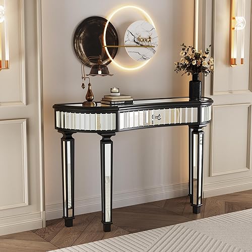 Miniatura 10 de Mesa con espejo, tocador de maquillaje con espejo, mesa de consola multimedia de 2 cajones para mujeres y niñas, entrada, hogar, oficina, escritorio