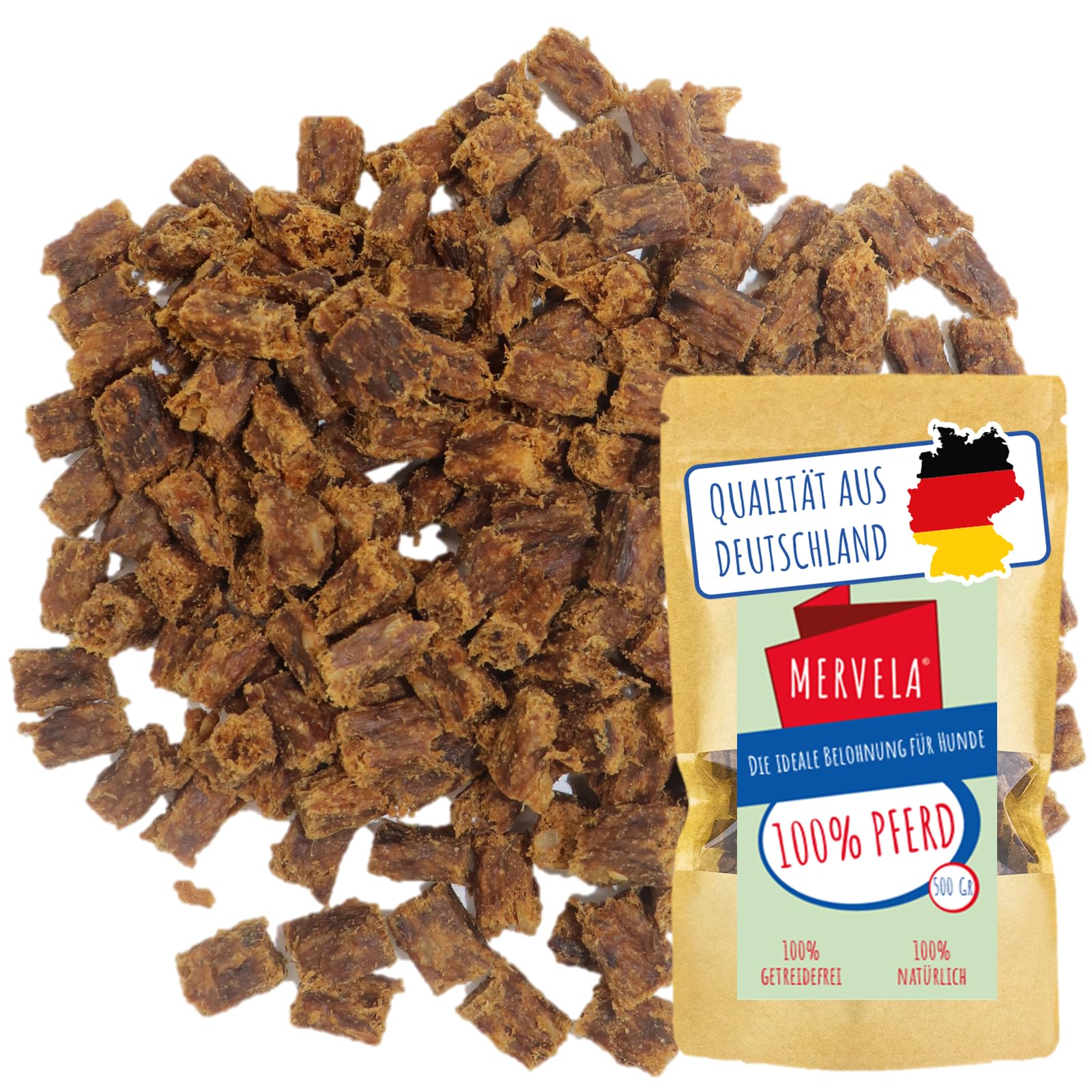 MERVELA® Premium Pferd Kauwürfel für Hunde, 500g - Ideal als Trainingsleckerli | 100% Natürliches Pferdefleisch | Hypoallergen für Sensible Hunde | Made in Germany