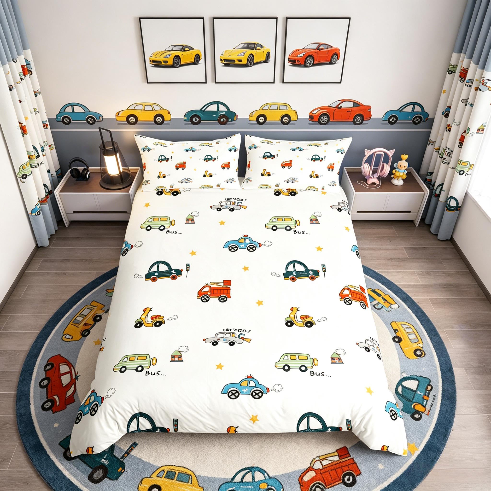Homemissing Cars Cartoon Duvet Cover Cartoon Cars Bus Bedding Set Transport Vehicles Cars Comforter Cover for Kids Boys Traffic Vehicles Bedspread Cover Lightweight Quilt Cover Single