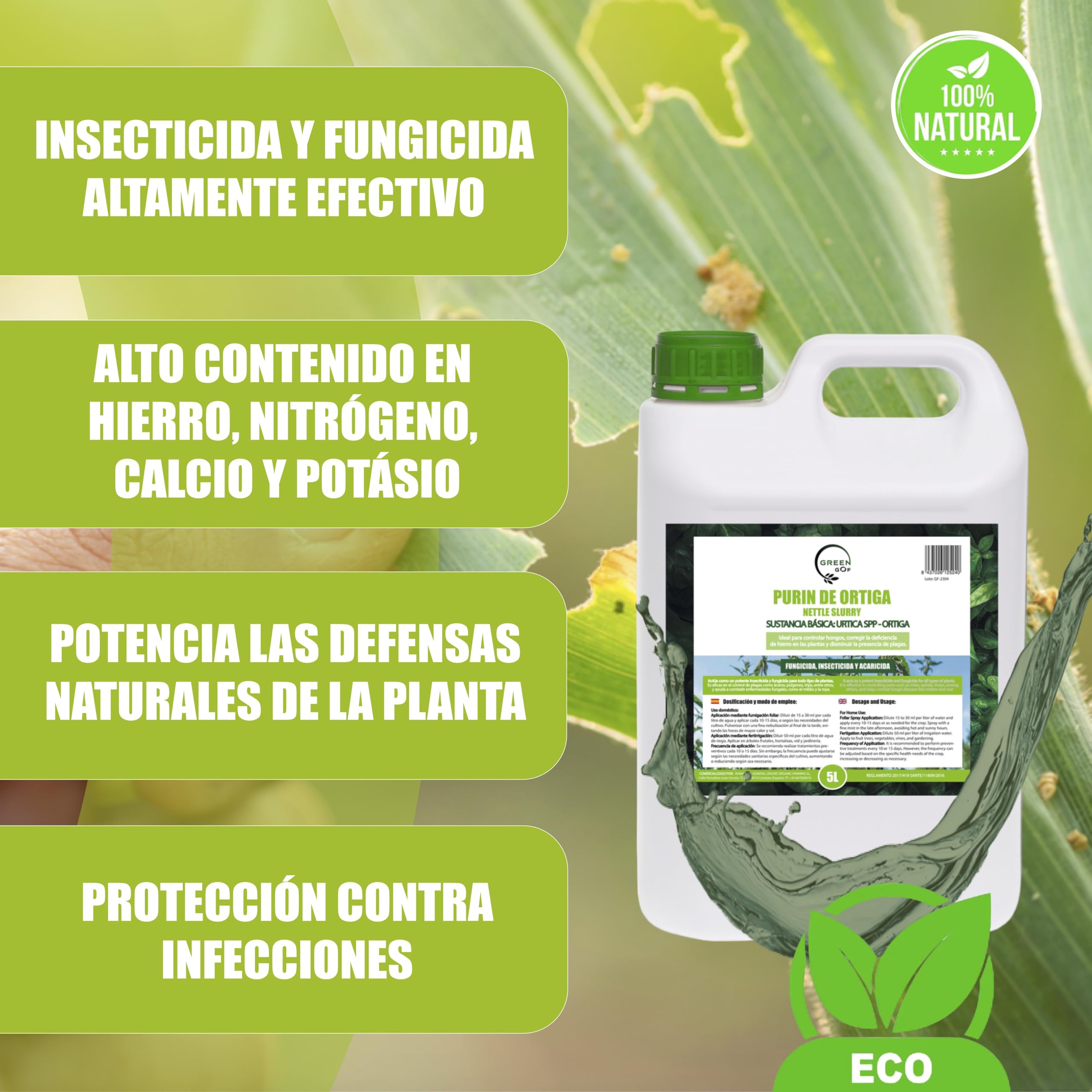 GREENGOF Purin de Ortiga, 5L. Insecticida, Fungicida, Acaricida para el Control de Hongos y para Corregir la clorosis férrica. Orgánico y 100% Natural. Curativo y Preventivo.