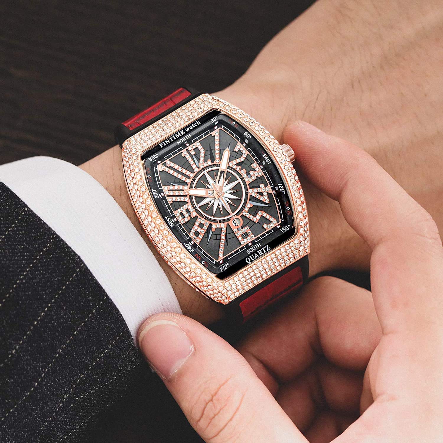 Gosasa Reloj de pulsera de cuarzo con diamantes de imitación de cristal y correa de goma para hombre, rojo, oro rosa,