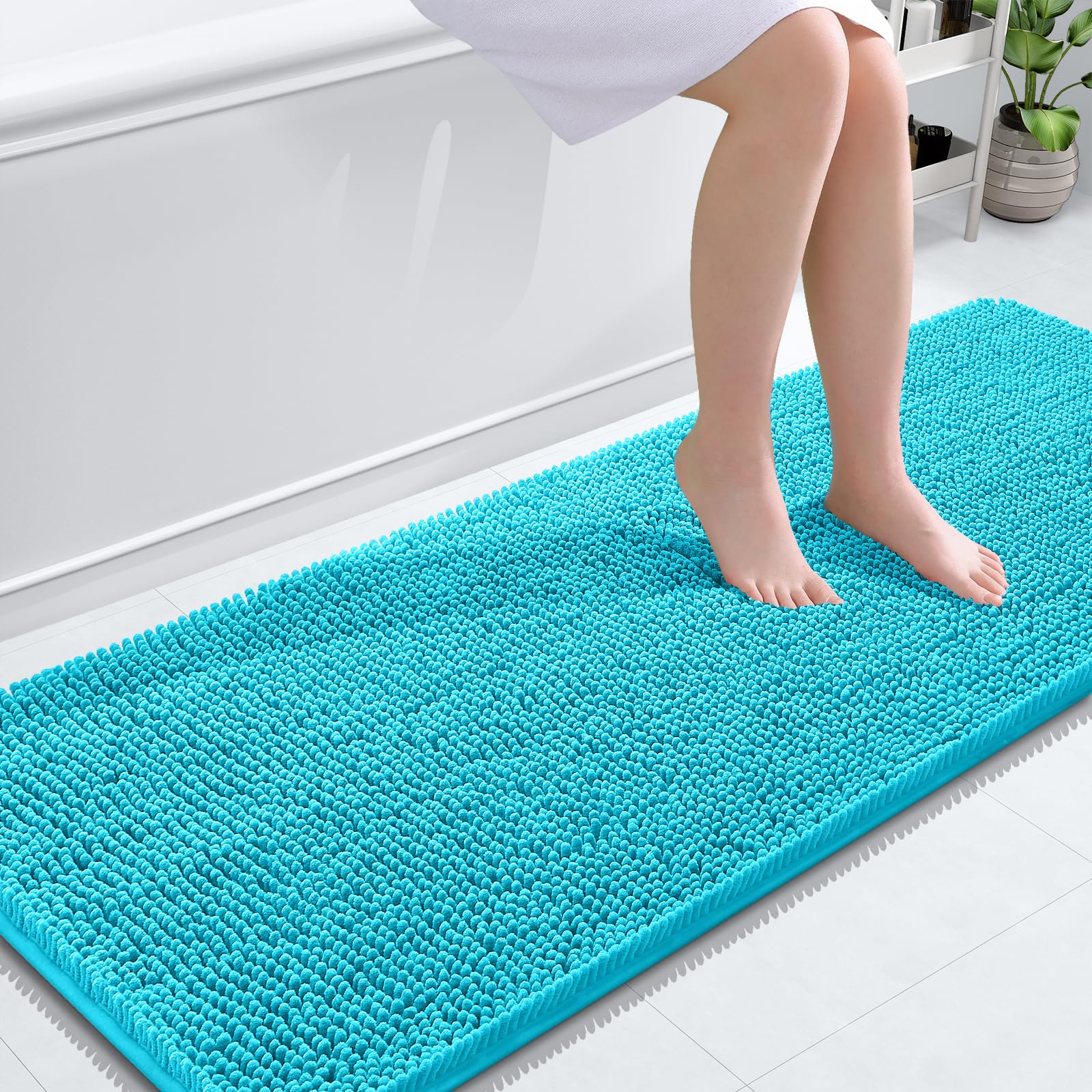 OLANLY Bathroom Runner Rugs 59x24, Extra Soft Absorbent Chenille Bath Rugs | Aqua Sky, Quick-Drying Rubber Backing, Washable Long Bath Mat for Bathroom Floor, Tub and Shower, Home Decor Accessories