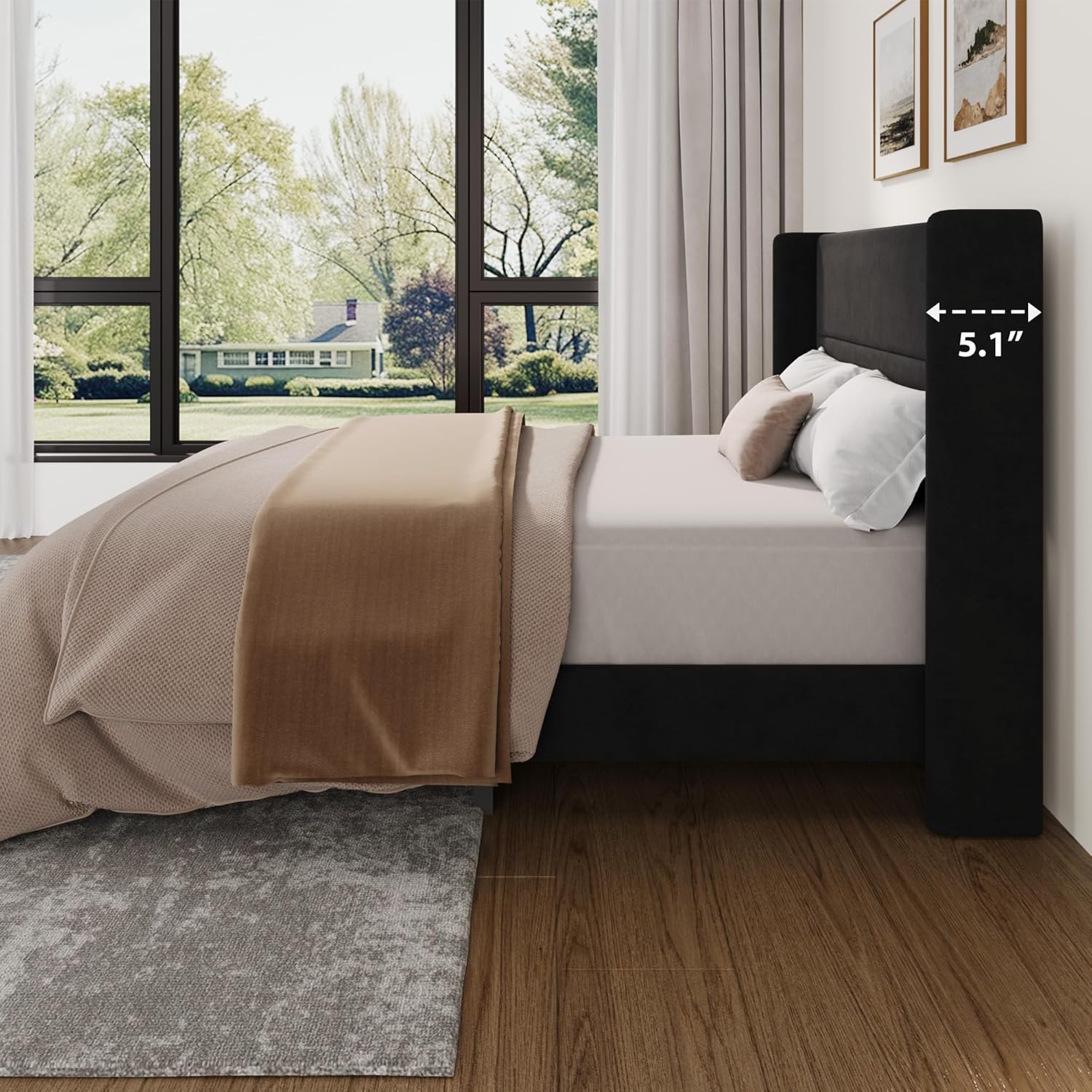 Full Size Bed Frame with Wingback Headboard, Velvet Upholstered Platform Bedframe with Wood Slats, No Box Spring Needed, Easy Assembly, Black