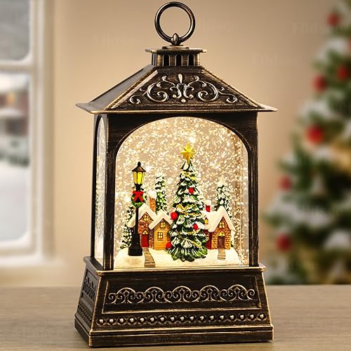 Miniatura 11 de Linterna de Globo de Nieve Decoraciones de Navidad Interior, Luz de Globo de Nieve Musical con Temporizador, Caja de Música con USB y Batería, Red