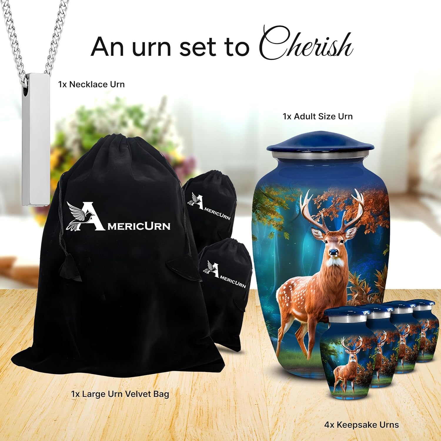 Set of 6 Deer Decorative Cremation Urns for Ashes Adult Male & Female Includes 1 Large Urn with 4 Small Keepsakes & 1 Necklace for Human Ashes