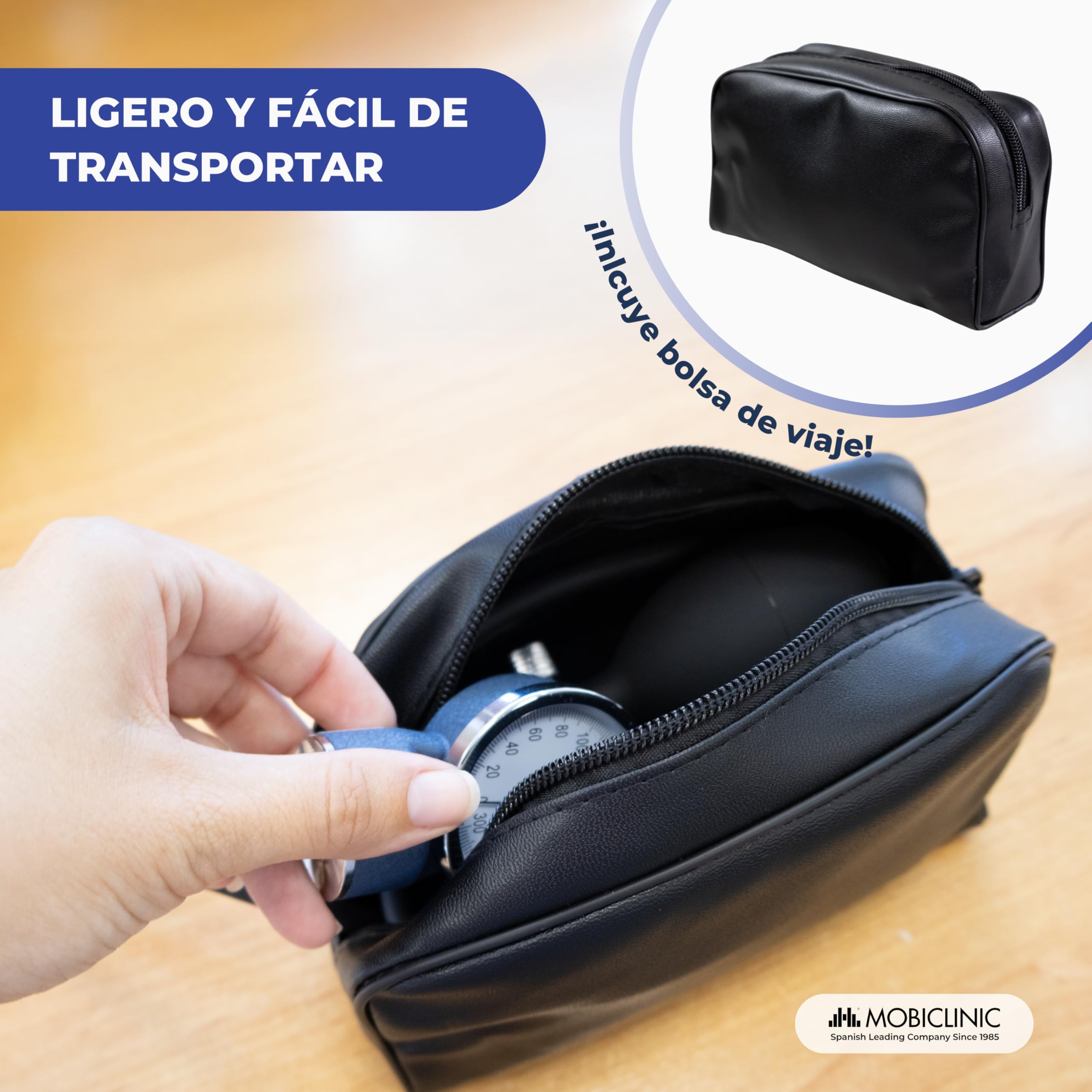 Mobiclinic, Tensiómetro de brazo, Doble salida, Incluye estuche, Medidor tensión aneroide, Medición presión arterial, Marca española, Precisión, Bomba goma, Ligero, Fácil usar, Azul