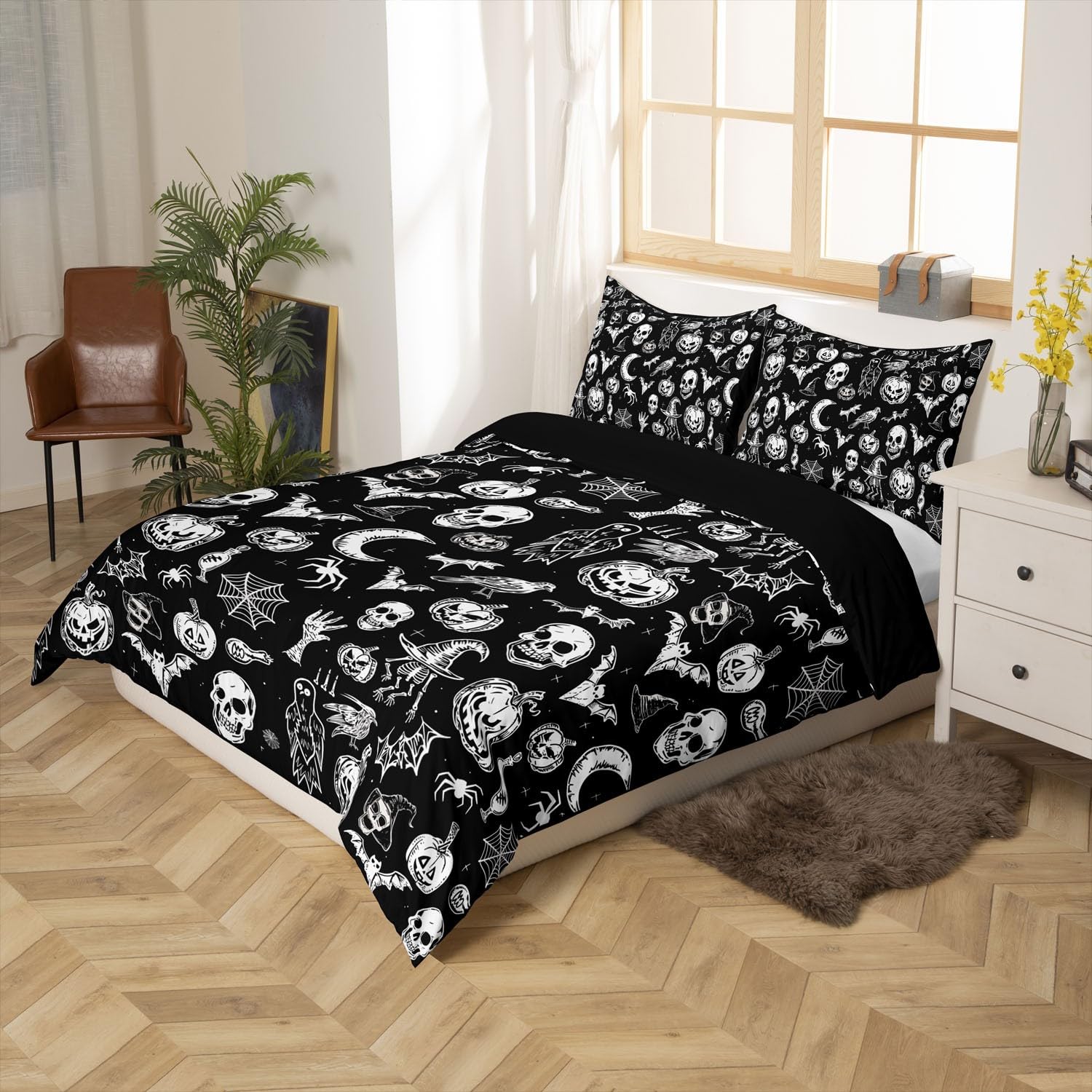 Feelyou Halloween Skeleton Skull Bedding Set Horror Pumpkin Duvet Cover Kids Boys Bats Spider Net Comforter Cover Halloween Theme Bedspread Cover with 2 Pillowcases 3Pcs Bedding King,No Comforter
