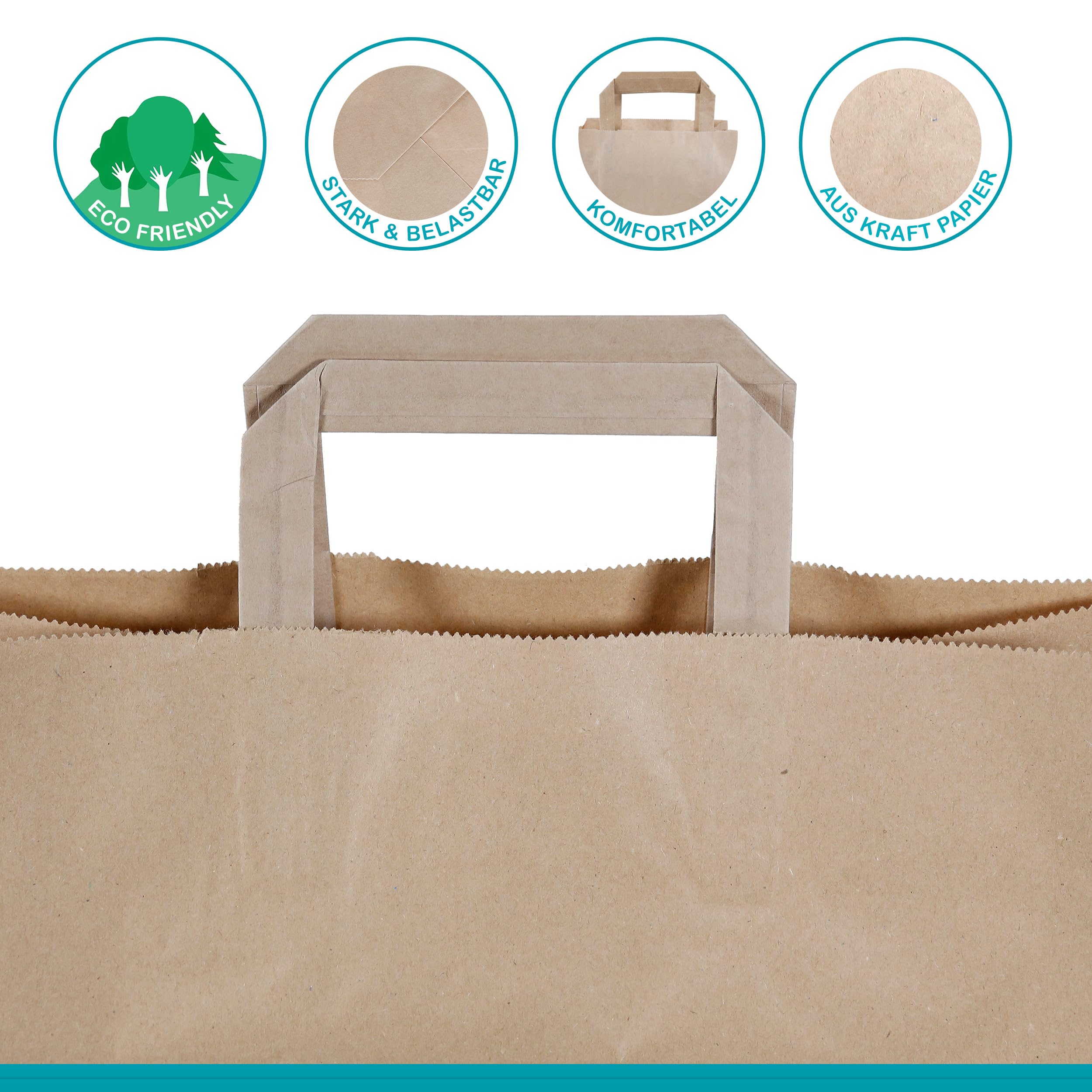Commerline Bolsas de papel con asa, 32 × 17 × 27 cm, 500 unidades | Bolsas de papel kraft marrón con asas planas para panadería, venta al por menor, catering y restauración