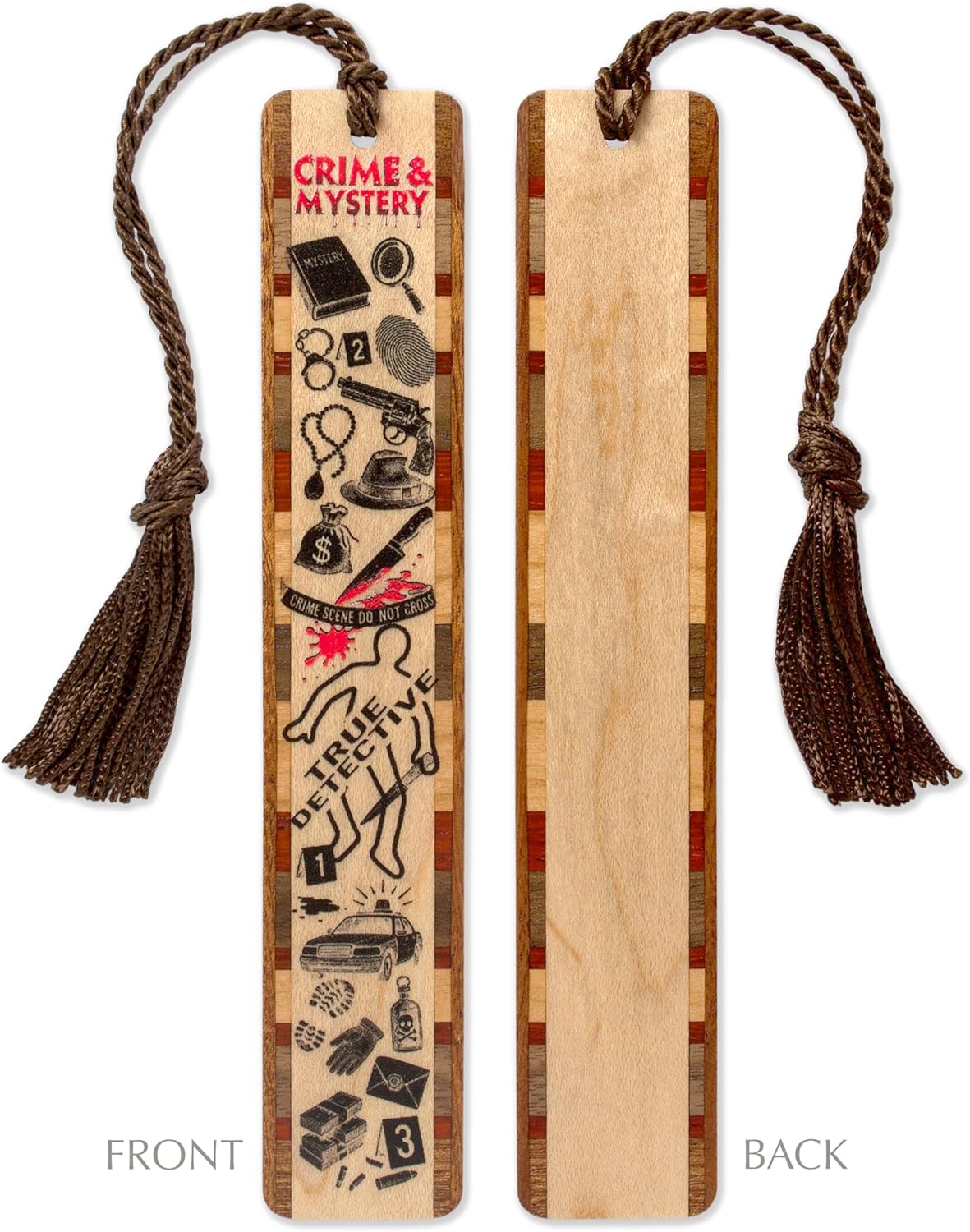 Personalized Crime & Mystery Bookmark – Handcrafted Wood Detective Theme Icons – Perfect Gift for Thriller and Whodunit Fans