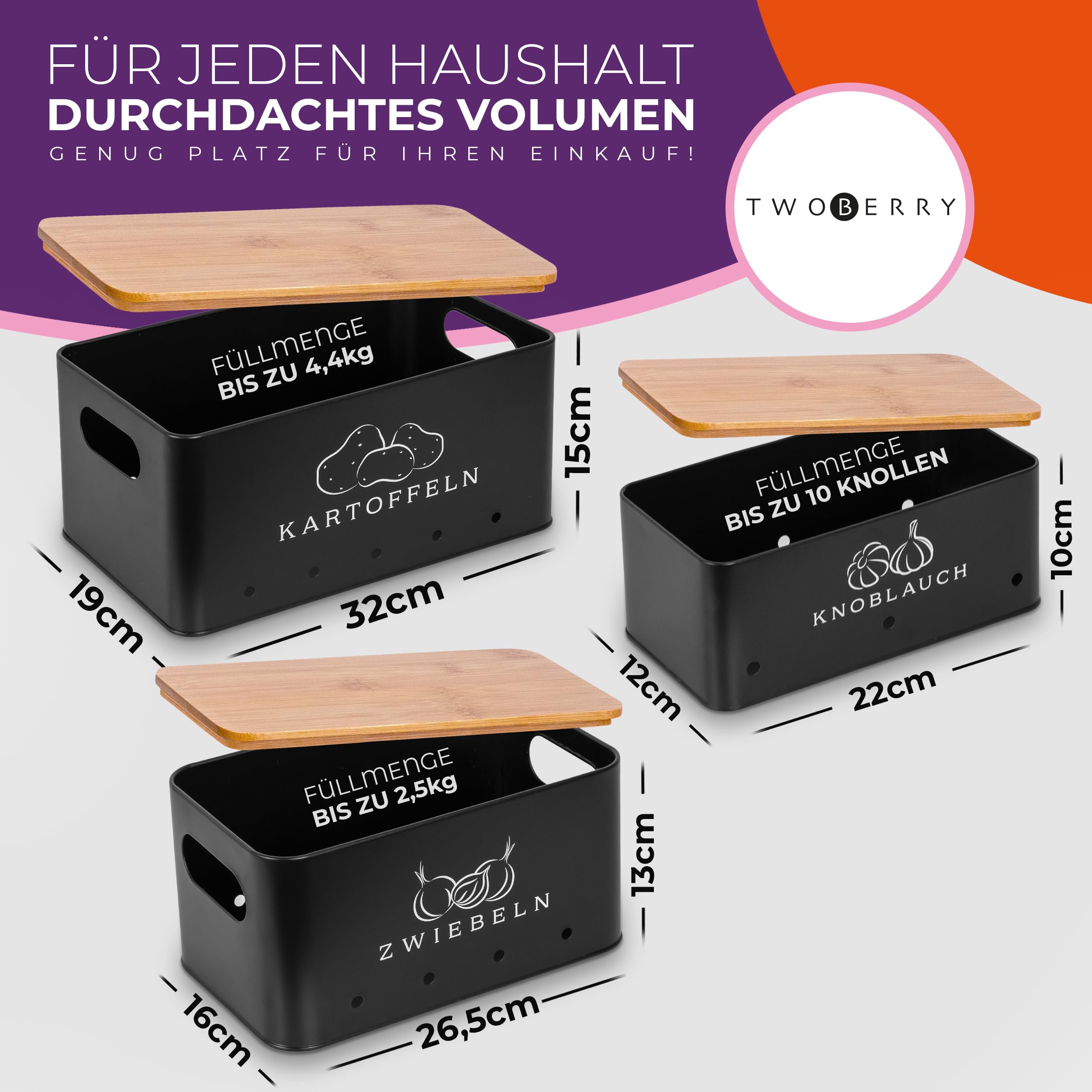 TWOBERRY Kartoffel Aufbewahrungsbox (3er Set) inkl. Sparschäler- längere Haltbarkeit durch Luftzirkulation-ideale Zwiebel Aufbewahrung Kartoffel Aufbewahrung Eckig (Schwarz)