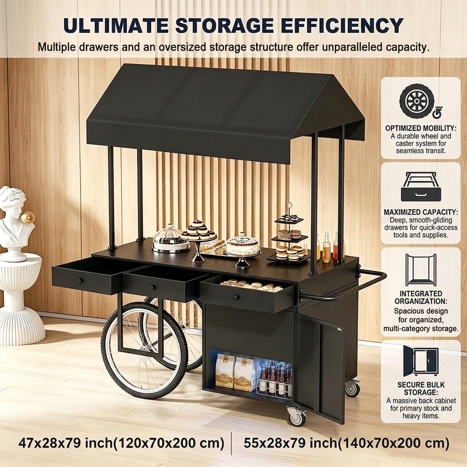 Gtzly Mobiler Lebensmittelverkaufswagen mit Verdeck, Tragbarer Blumenwagen, Eis- und Limonadenstand, Marktstand und Verkaufsstand für Hochzeiten und Märkte(White,55in/140cm)