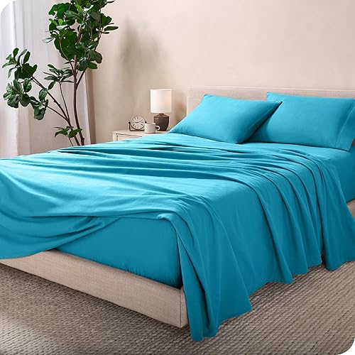 Bare Home Flannel Sheet Set 100% Cotton, Velvety Soft Heavyweight - Double Brushed Flannel - Deep Pocket (Queen, Aqua)