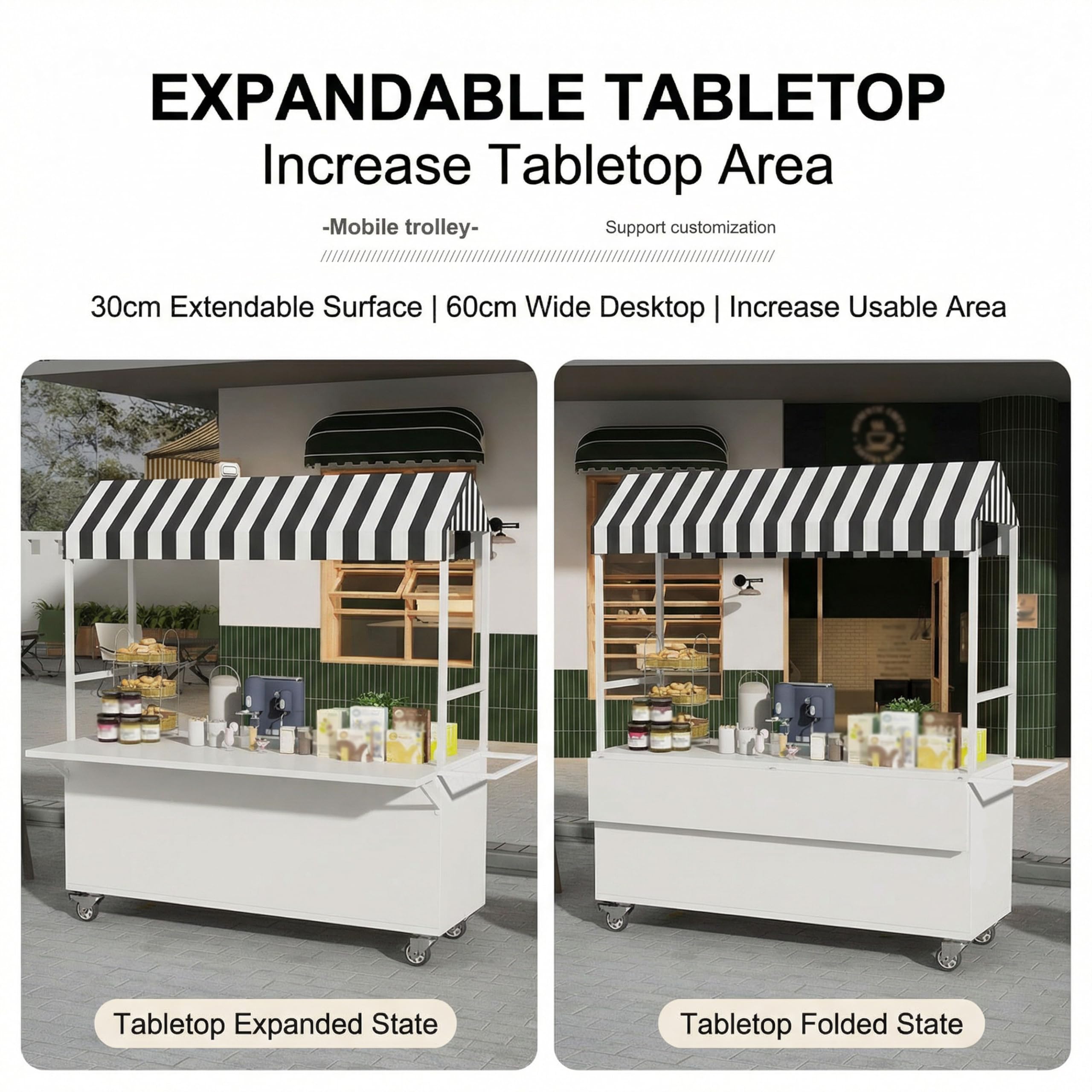 Carrello portatile per alimenti da esterno con tettuccio, carrello mobile per vendite di alimenti, carrello con ruote (design aperto blu, 120 x 90 x 210 cm), ideale per festival ed eventi